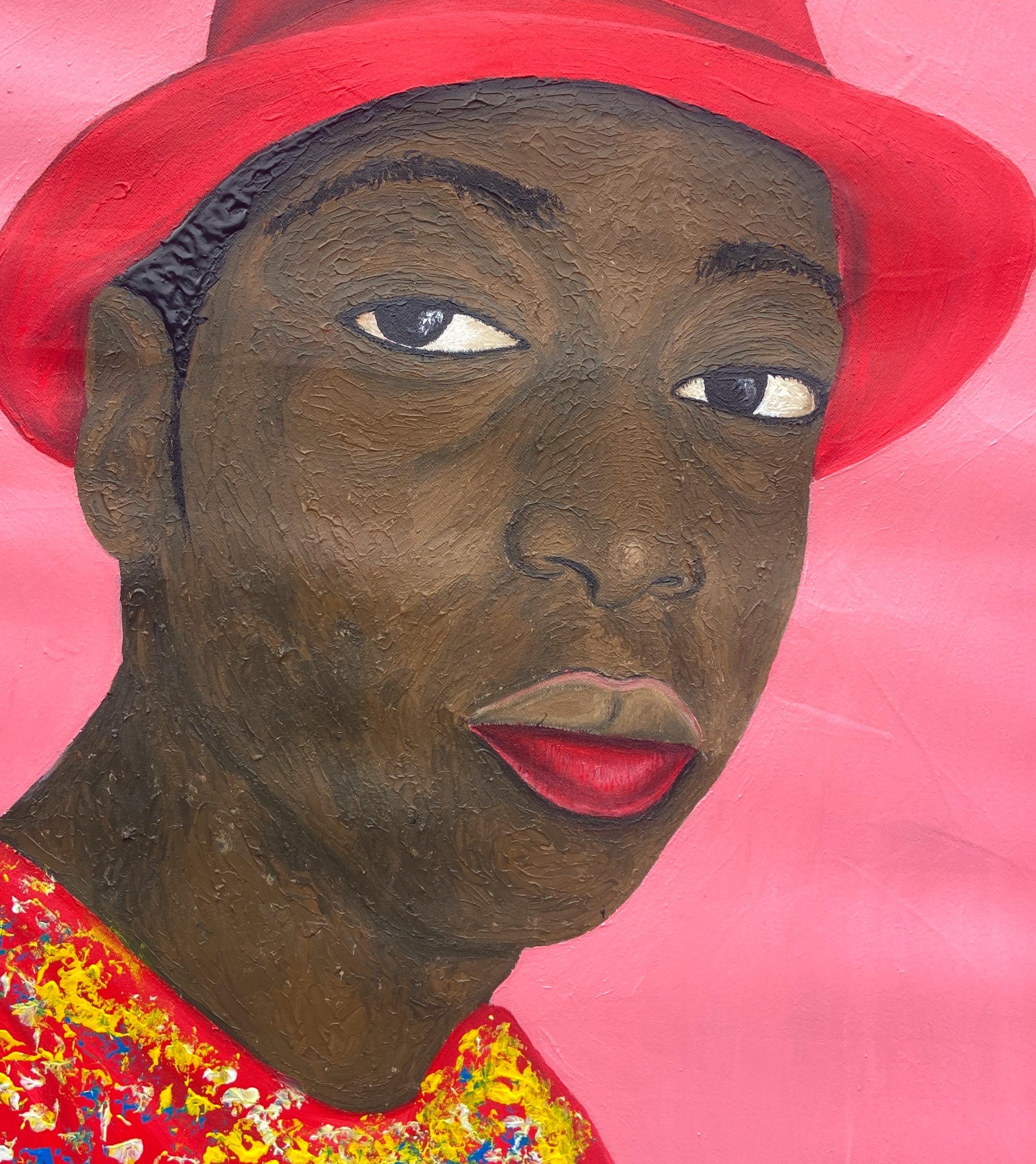 Guardare con coraggio 2 -21° secolo contemporaneo, Ritratto figurativo, Cappello da uomo, Africa - Figurative Painting Rosa di Olaniyi Timothy