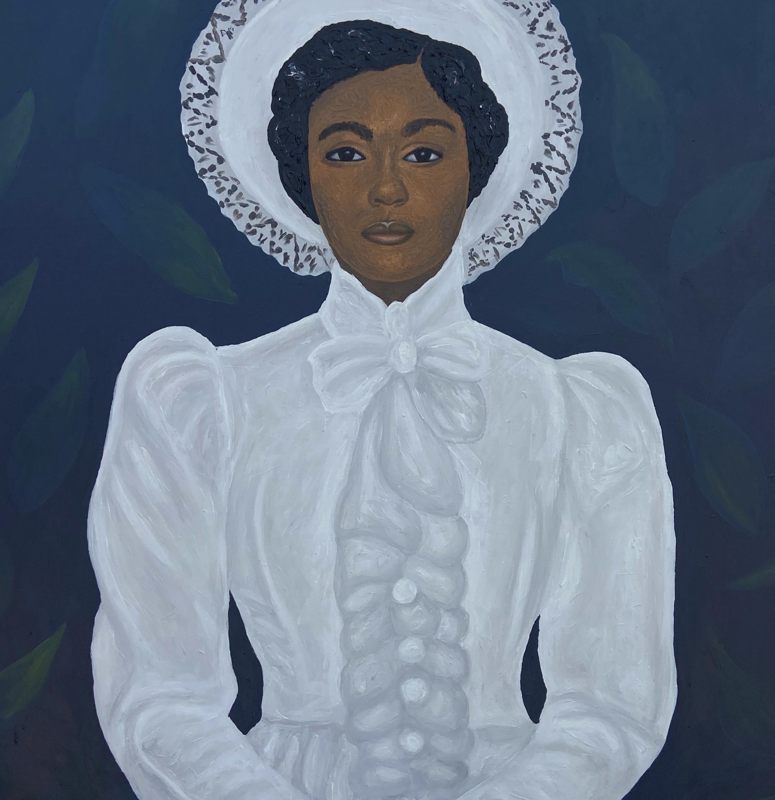 Dama De Blanco 2 - Siglo XXI Contemporáneo, Figurativo, Retrato, Mujer, Moderno - Portrait Painting Negro de Olaniyi Timothy