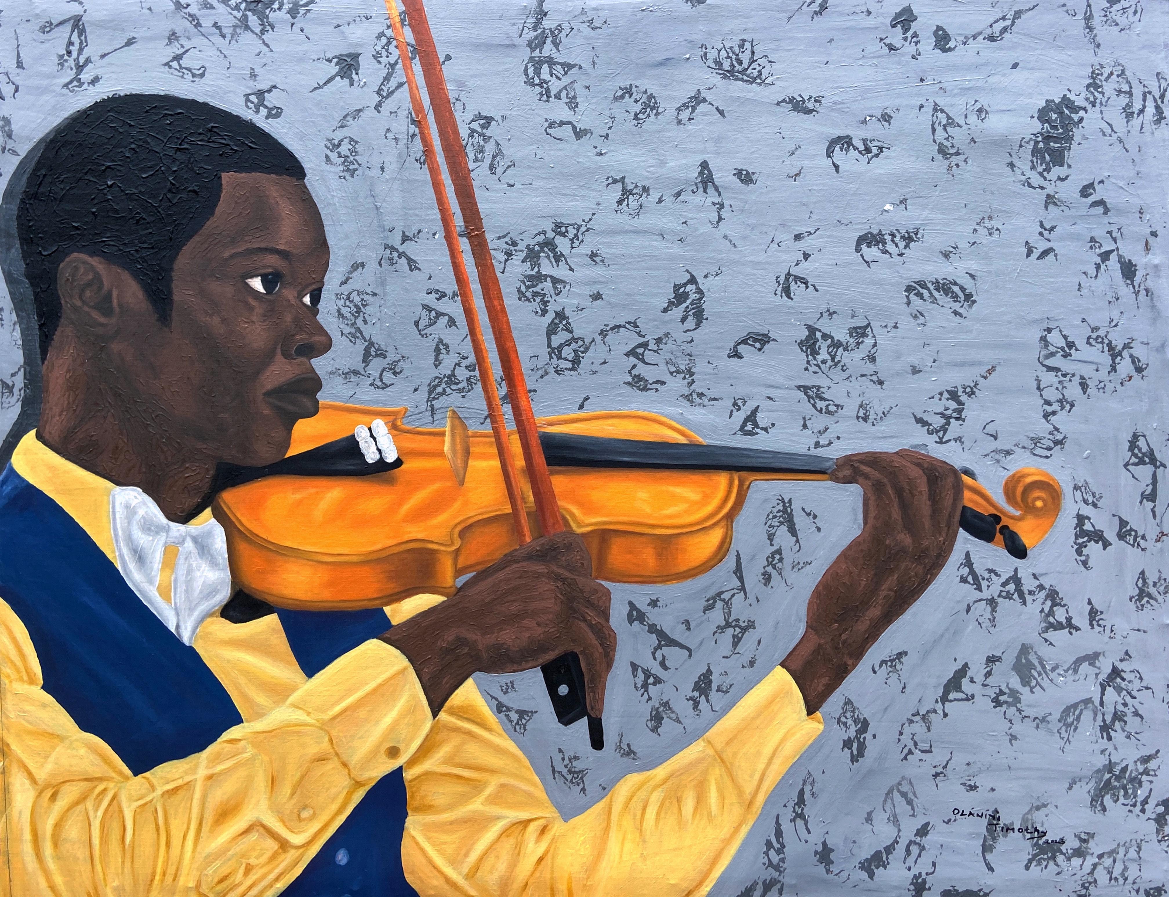 Figurative Painting de Olaniyi Timothy - Language of Strings -21st Century Contemporary, Figurative, Music, Modern Men