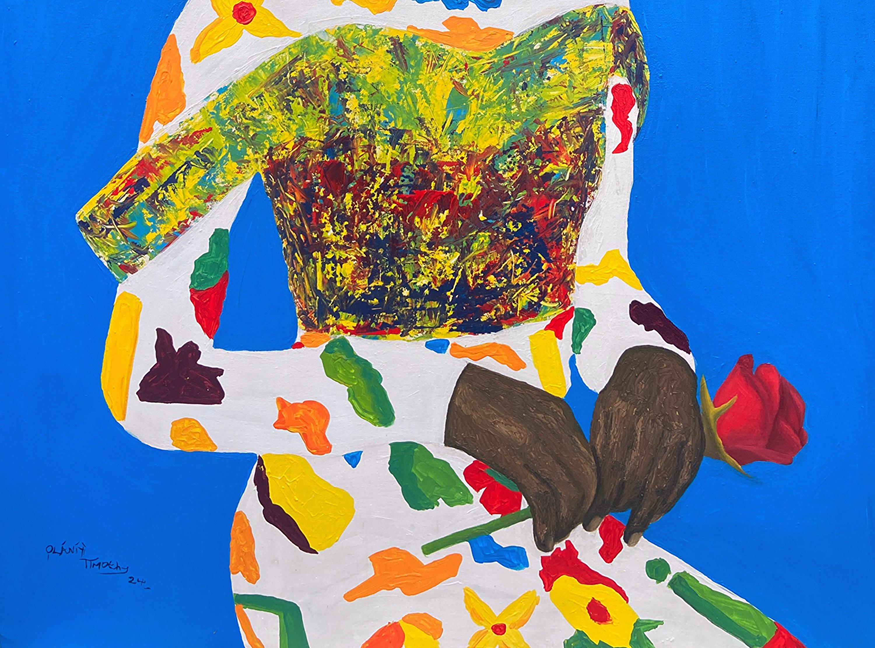 She Deserve the Flower - Contemporaneo del 21° secolo, Ritratto figurativo, Floreale - Portrait Painting Blu di Olaniyi Timothy