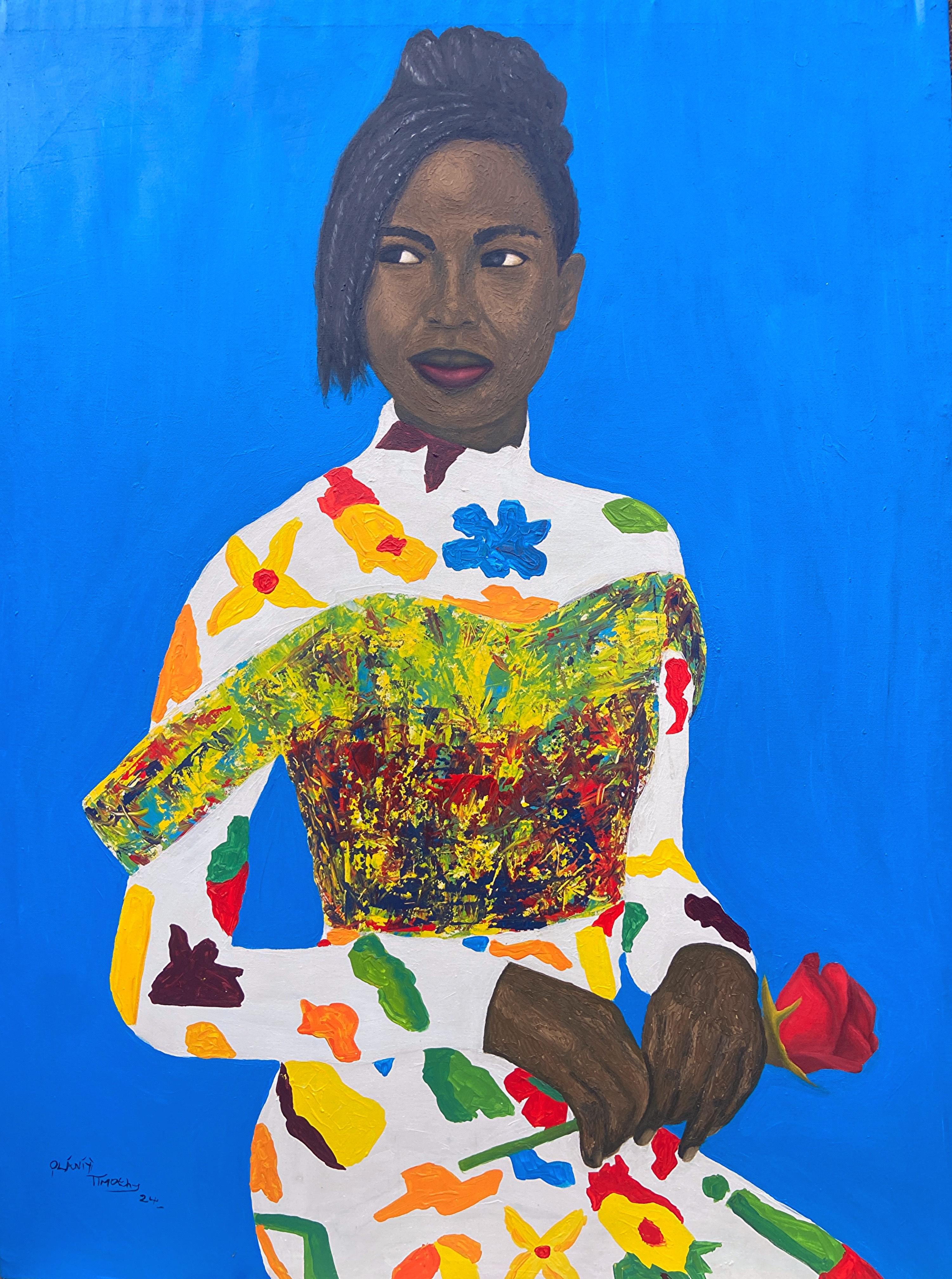Portrait Painting di Olaniyi Timothy - She Deserve the Flower - Contemporaneo del 21° secolo, Ritratto figurativo, Floreale