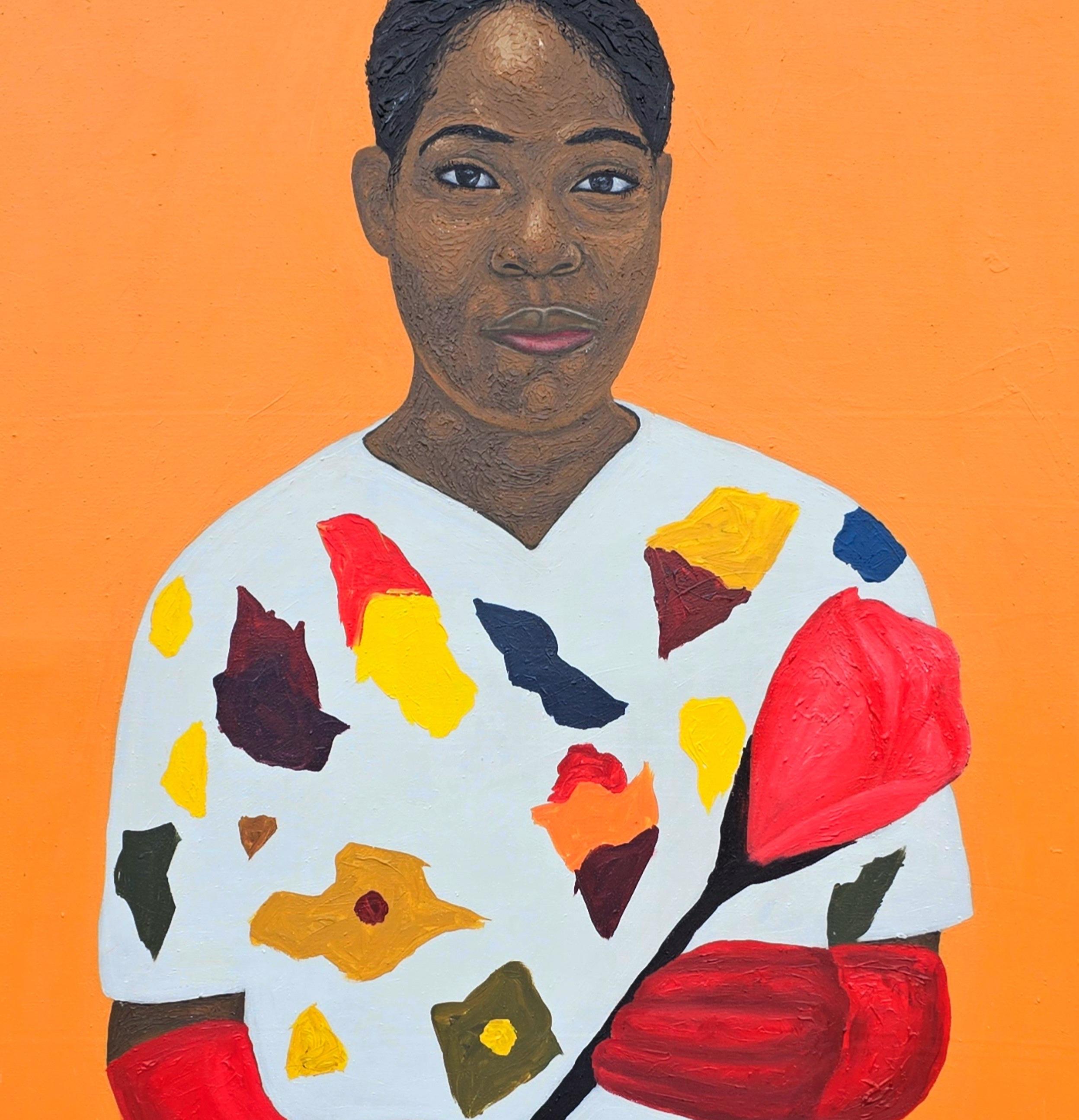 Ella Merece Sus Flores 2 - Siglo XXI Contemporáneo, Figurativo, Mujer Moderna - Figurative Painting Naranja de Olaniyi Timothy