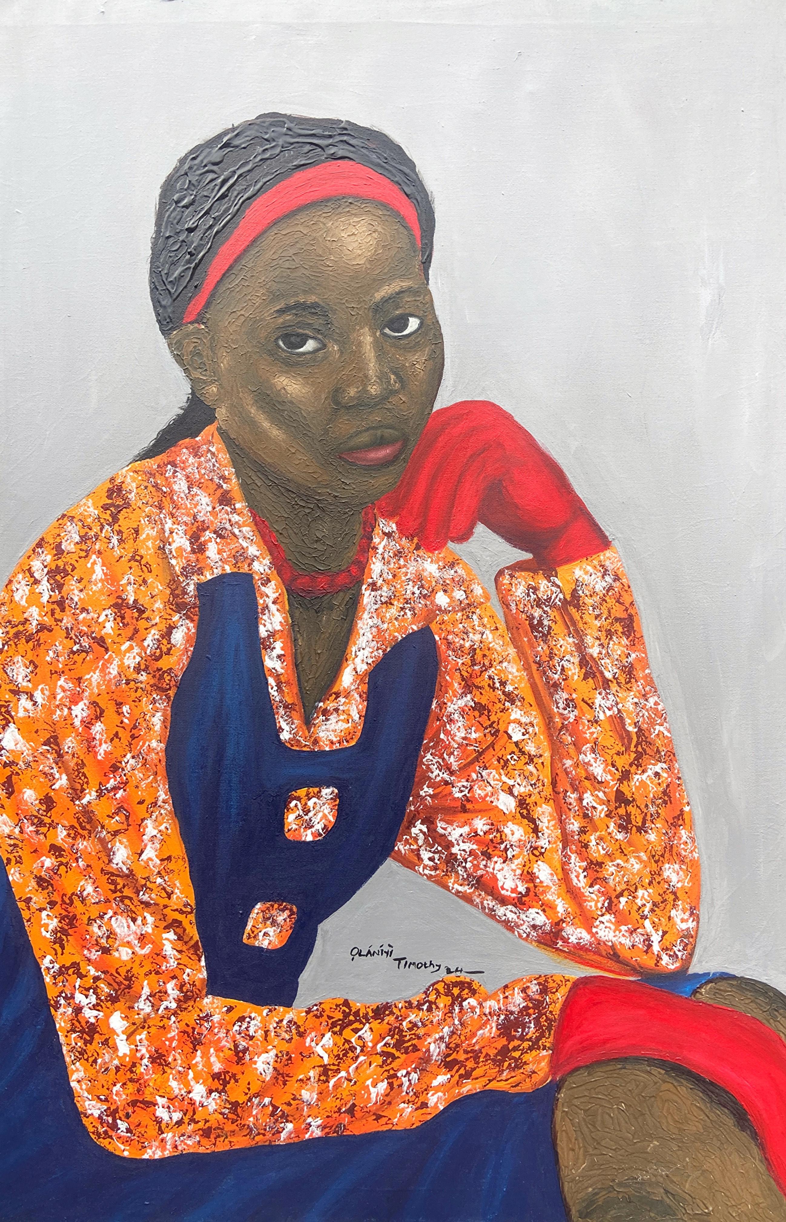 Portrait Painting di Olaniyi Timothy - Mentre aspetto 1 - 21° secolo, Contemporaneo, Figurativo, Ritratto, Donne, Amore