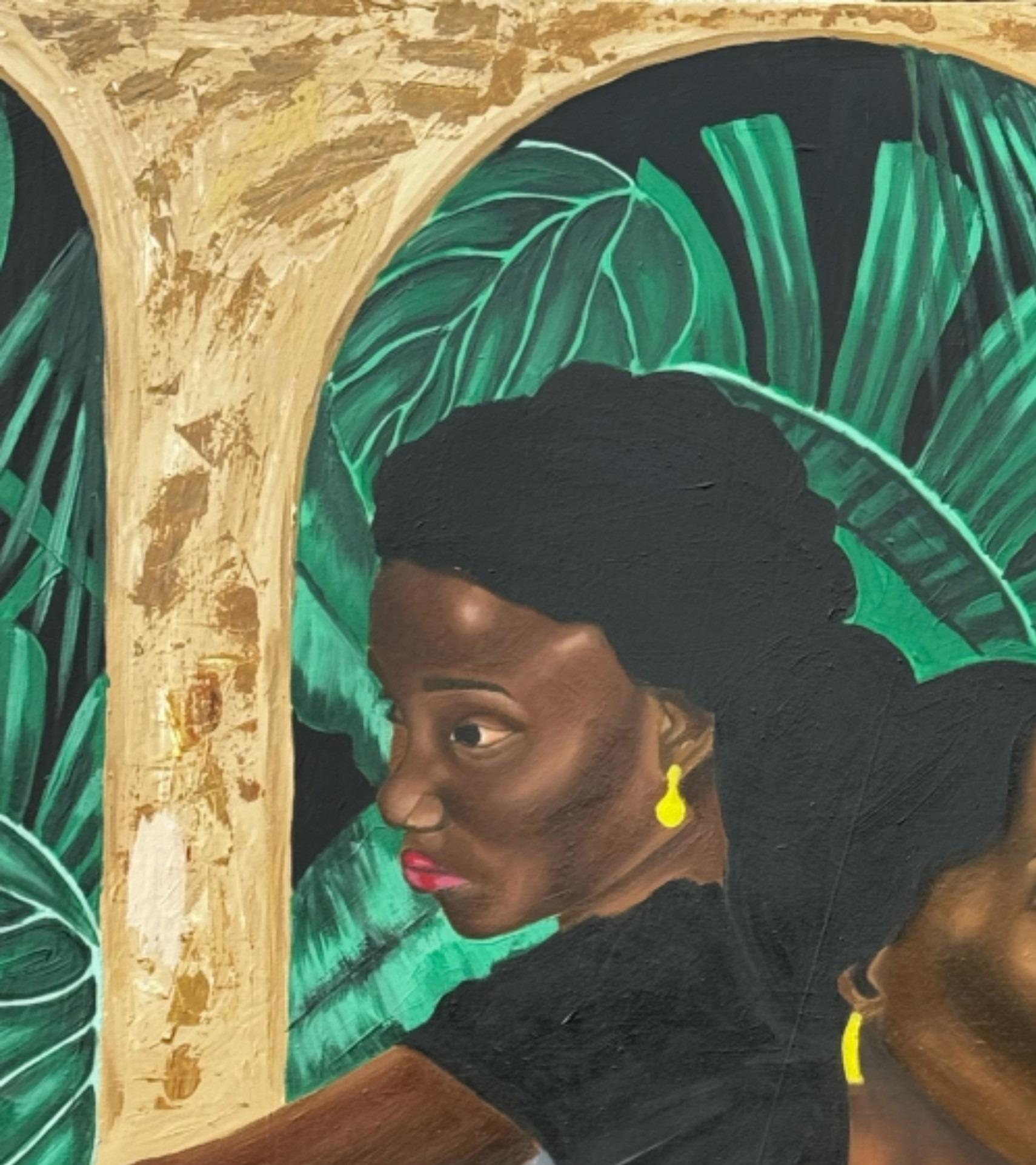 Broken Bond - 21st Century, Contemporary, Figurative Portrait, Women Art, Green - Painting by Olaosun Oluwapelumi
