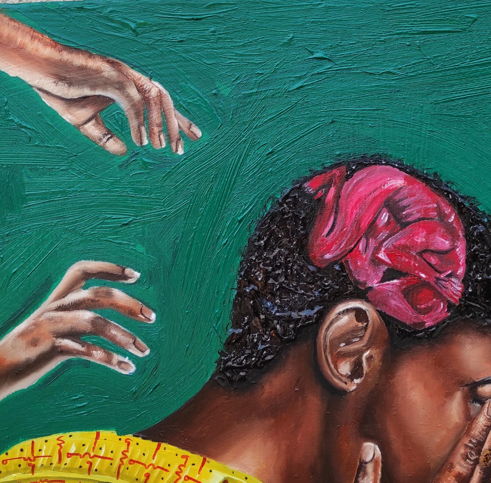 Niño distante - Siglo XXI, Contemporáneo, Figurativo, Aislamiento, Verde, Moderno - Painting de Olaosun Oluwapelumi
