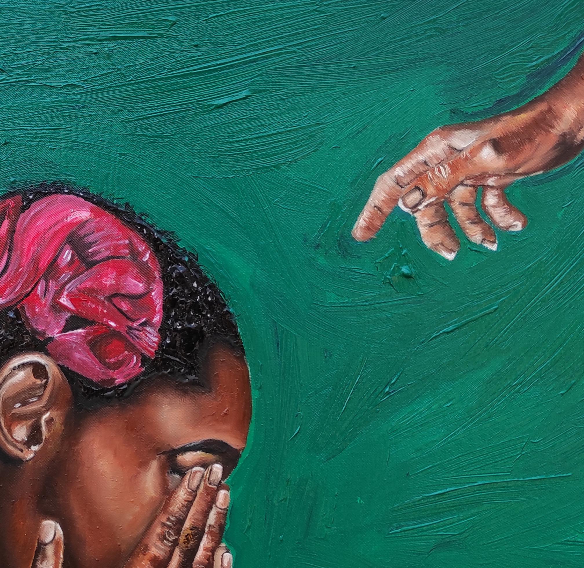 Niño distante - Siglo XXI, Contemporáneo, Figurativo, Aislamiento, Verde, Moderno - Portrait Painting Azul de Olaosun Oluwapelumi