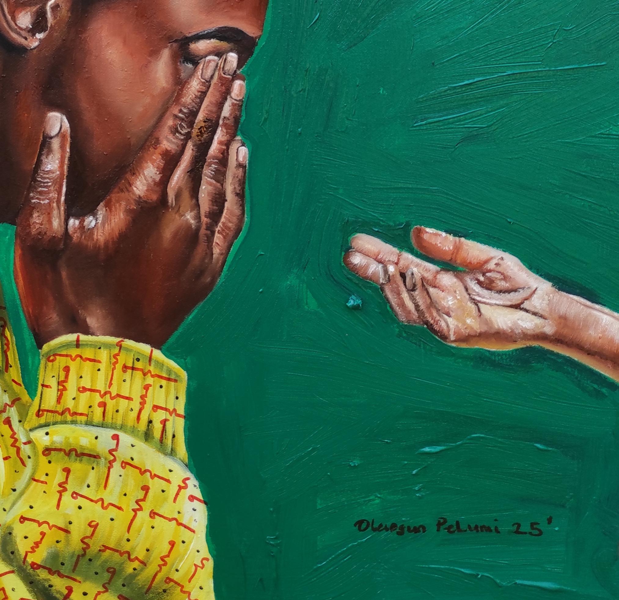 Niño distante - Siglo XXI, Contemporáneo, Figurativo, Aislamiento, Verde, Moderno 1