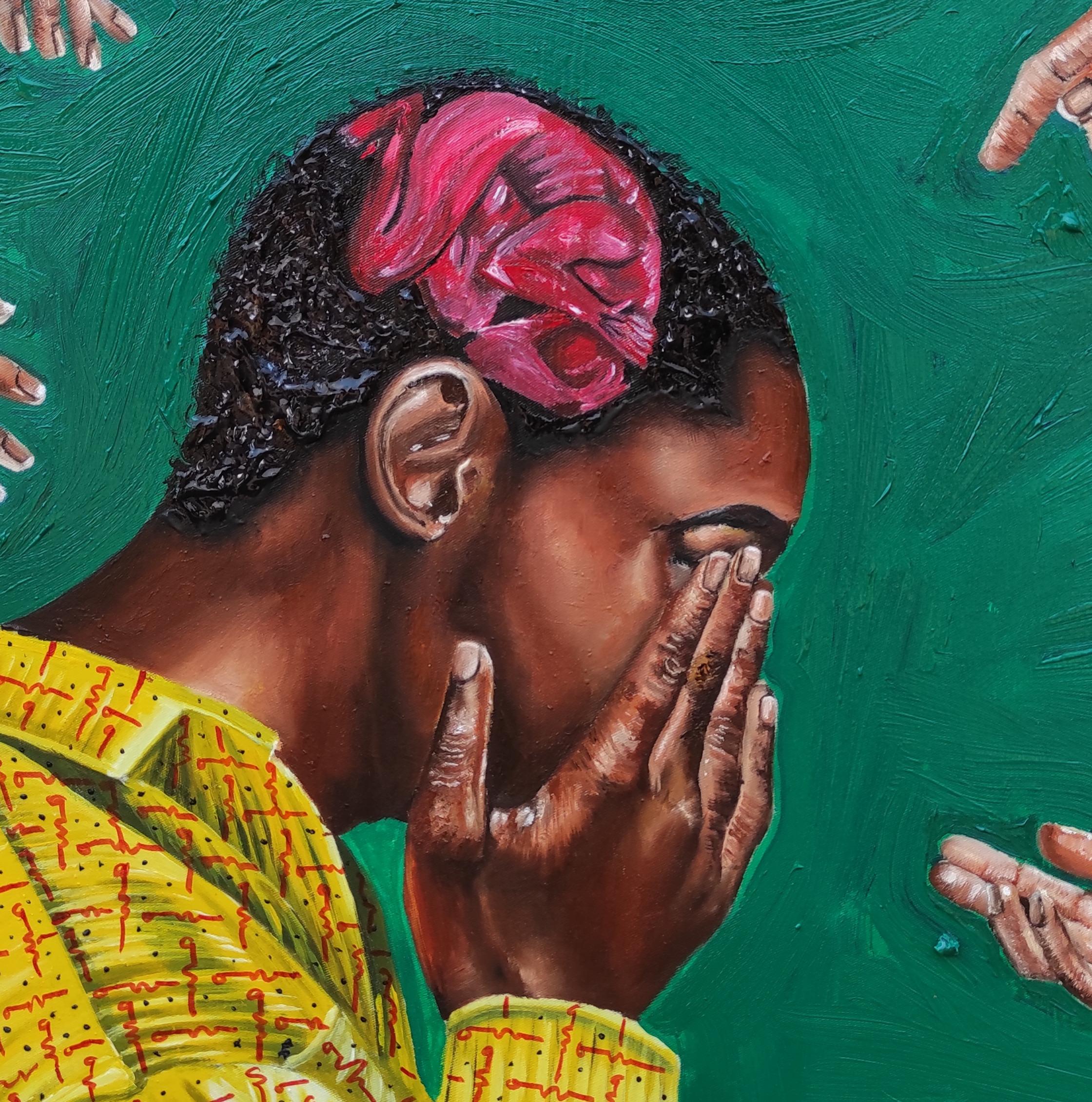 Niño distante - Siglo XXI, Contemporáneo, Figurativo, Aislamiento, Verde, Moderno 2