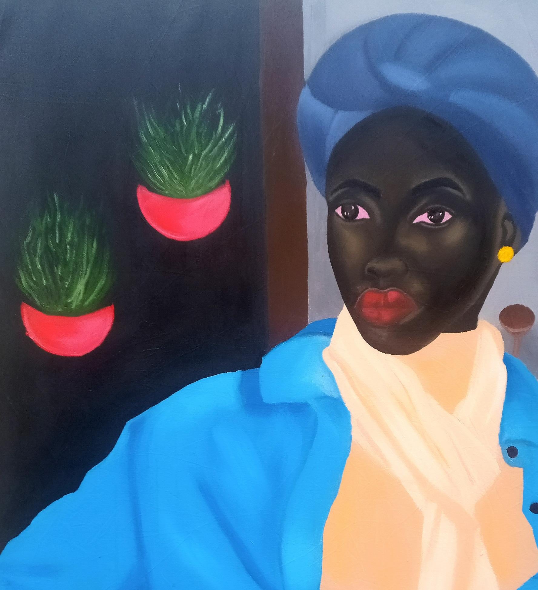 Head Wrap - Black Portrait Painting by Olaosun Oluwapelumi