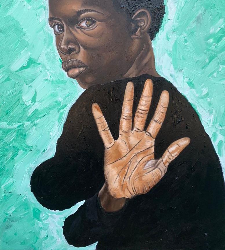Mantenere la mia pace - Portrait Painting Blu di Olaosun Oluwapelumi