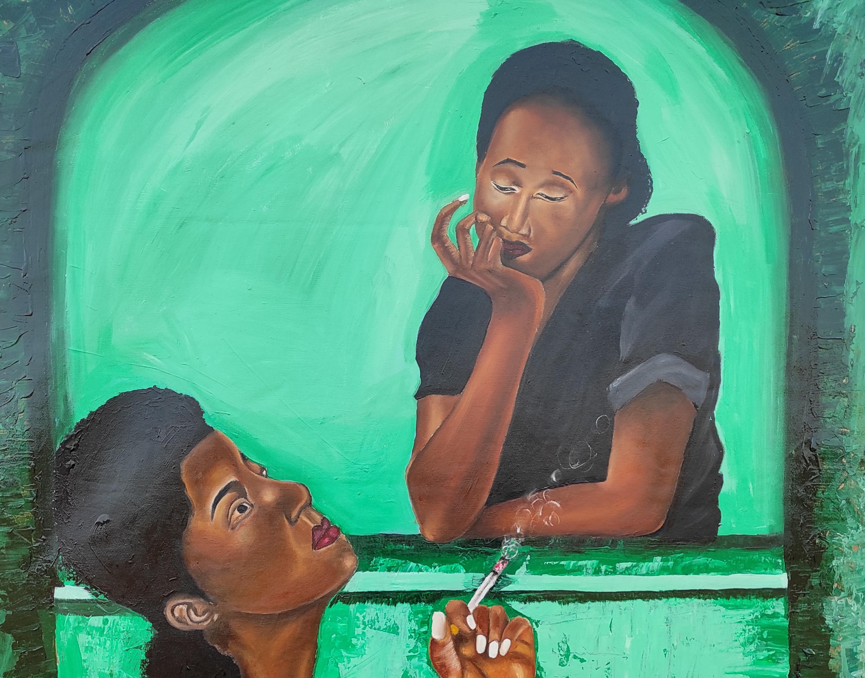 Lucha - 21e siècle, Contemporary, Figurative Portrait, Women, Green, Modernity - Painting de Olaosun Oluwapelumi