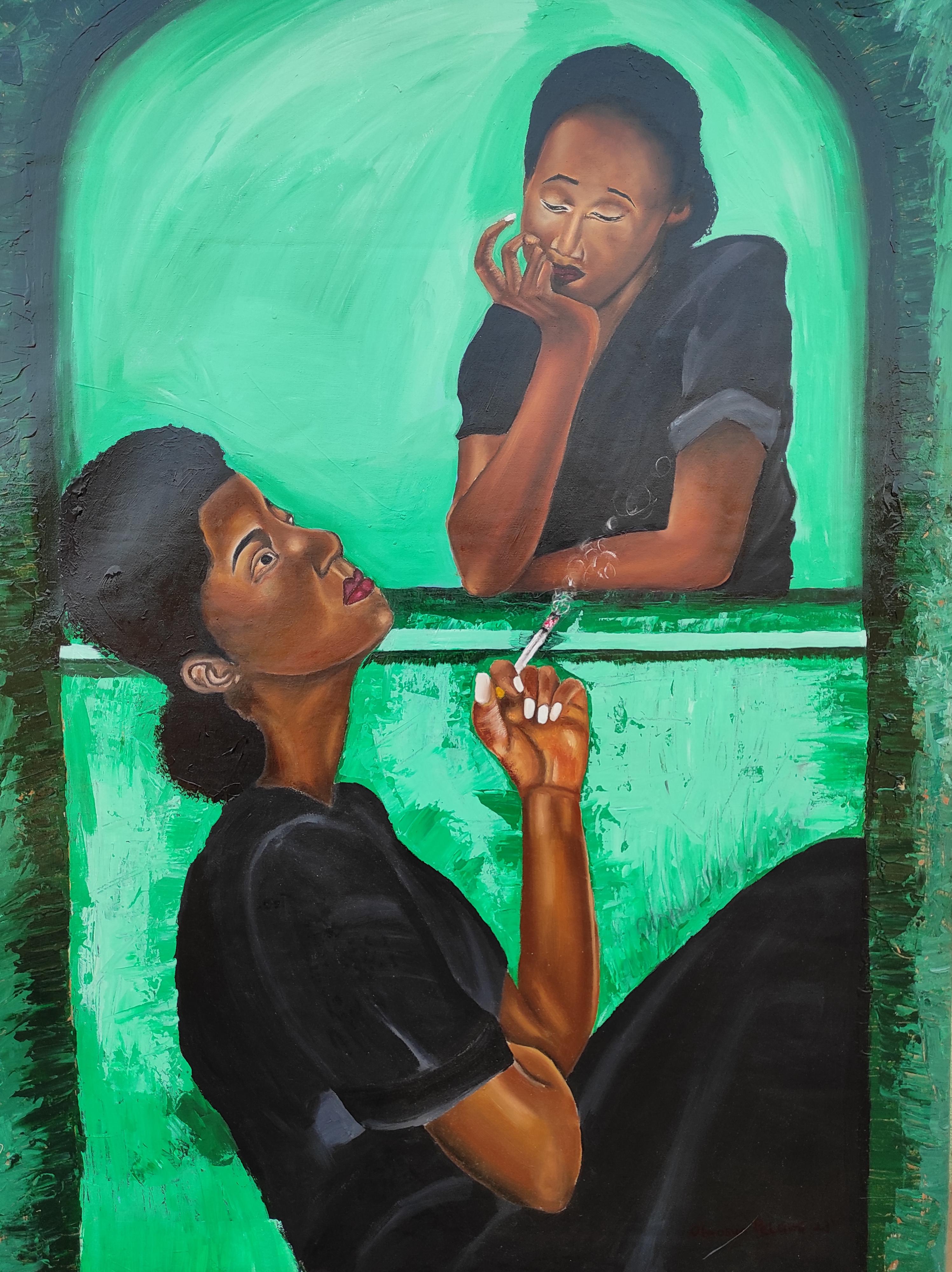 Figurative Painting Olaosun Oluwapelumi - Lucha - 21e siècle, Contemporary, Figurative Portrait, Women, Green, Modernity