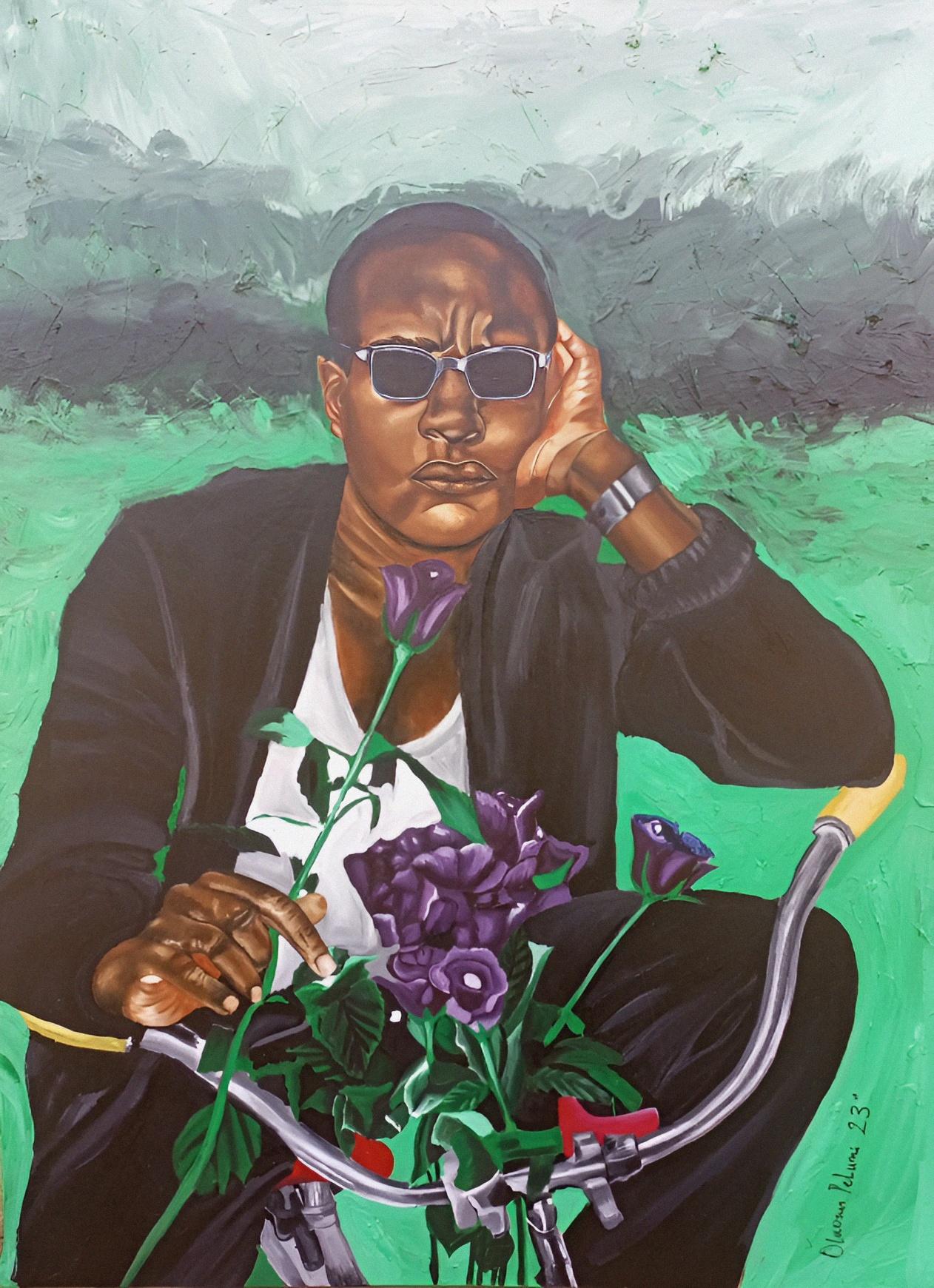 Olaosun Oluwapelumi Figurative Painting – Auch Männer verdienen Blumen