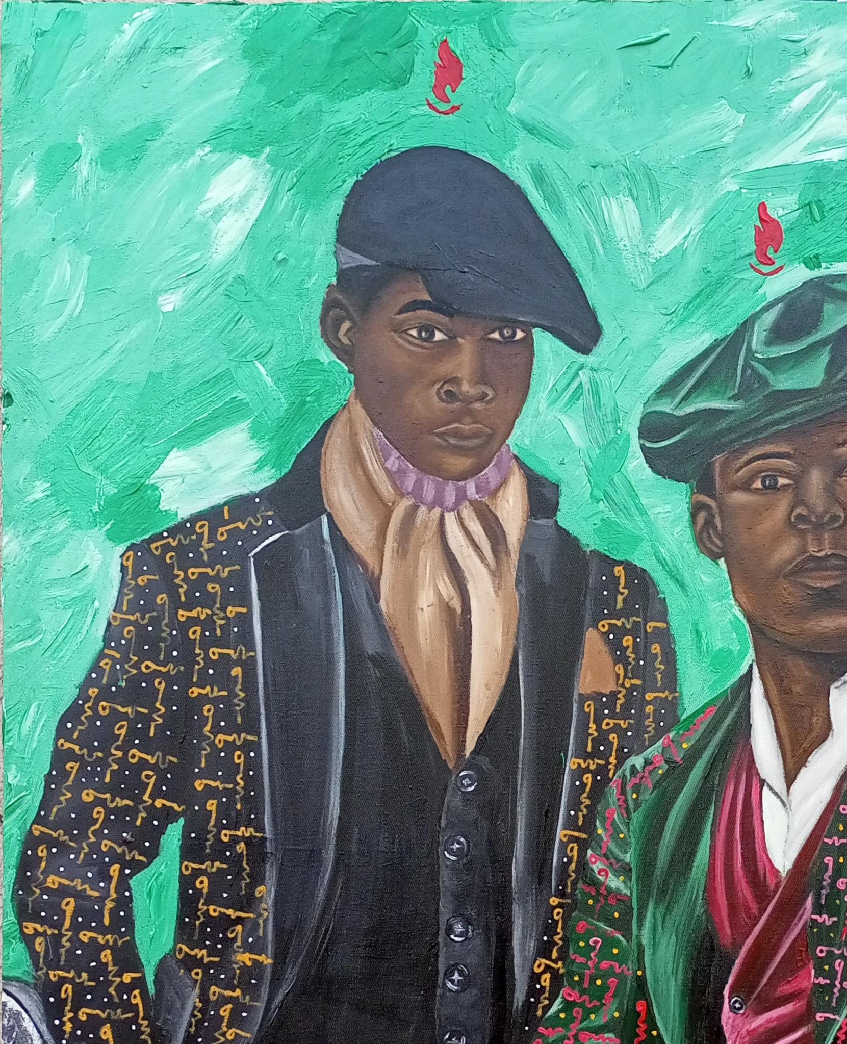 Io e mio fratello  - 21° secolo, Contemporaneo, Ritratto figurativo, Uomini, Verde - Painting di Olaosun Oluwapelumi