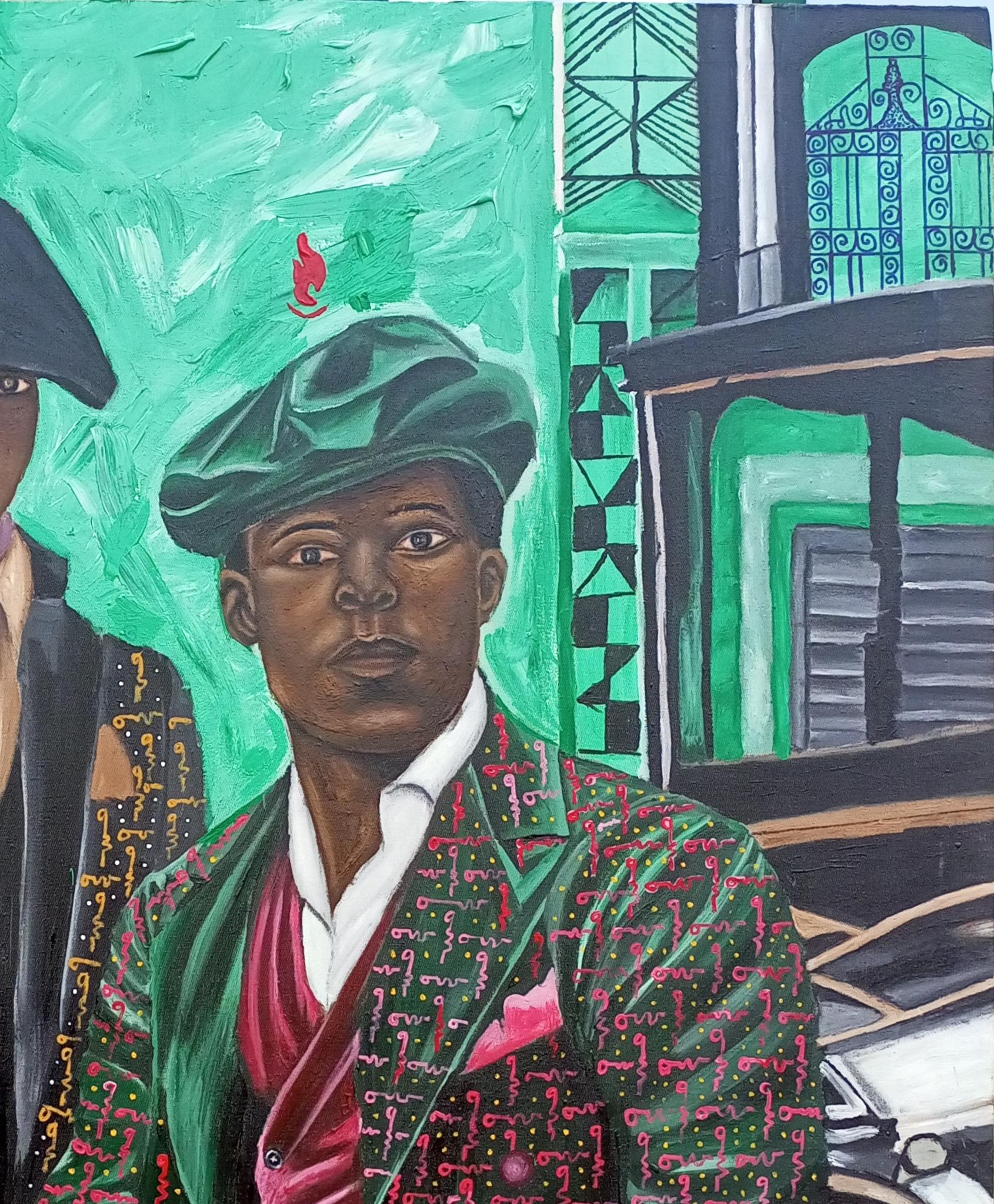 Io e mio fratello  - 21° secolo, Contemporaneo, Ritratto figurativo, Uomini, Verde - Portrait Painting Nero di Olaosun Oluwapelumi