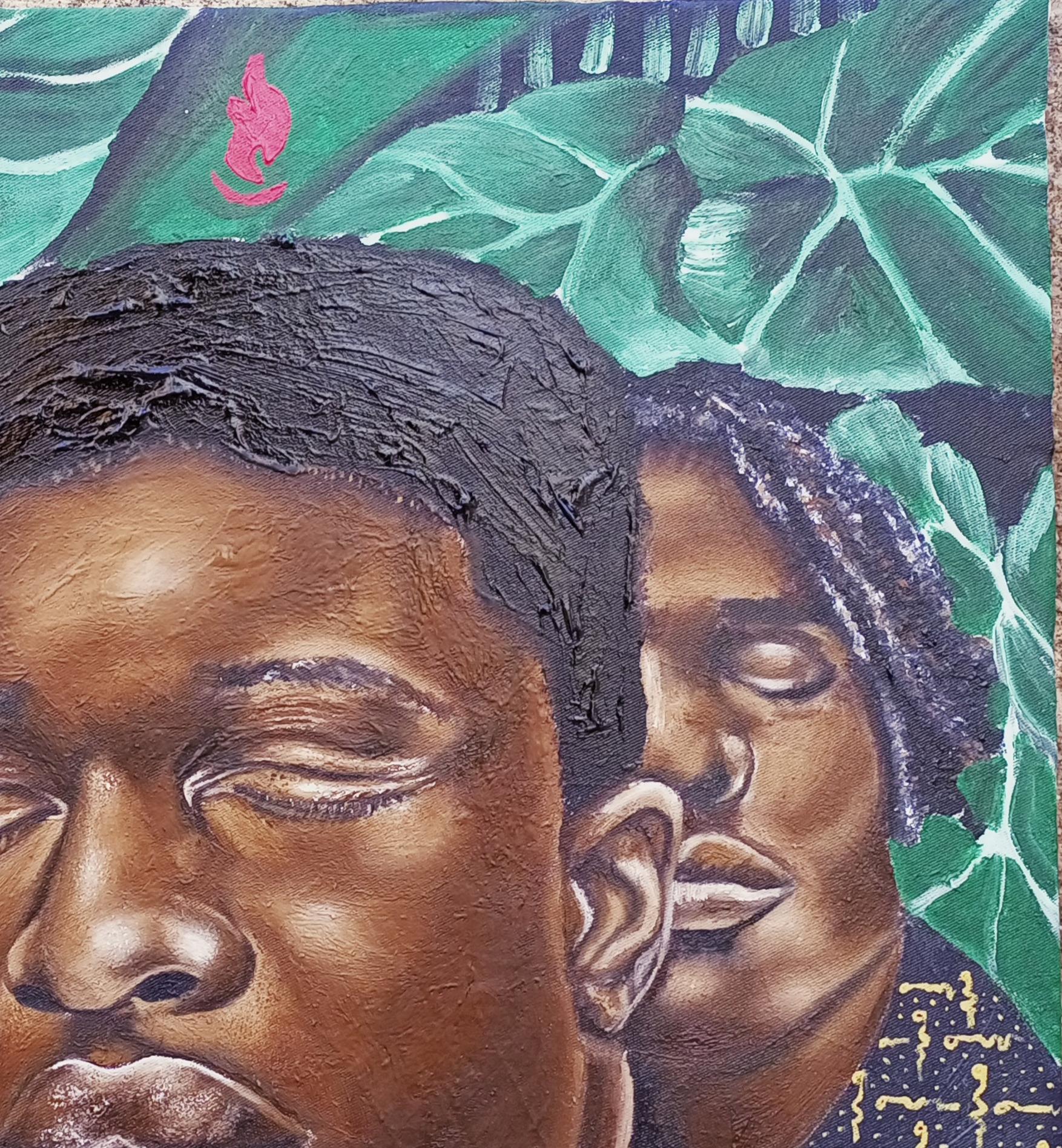 Nuestra tranquilidad - Siglo XXI, Contemporáneo, Figurativo, Moderno, Óleo, Acrílico - Figurative Painting Gris de Olaosun Oluwapelumi