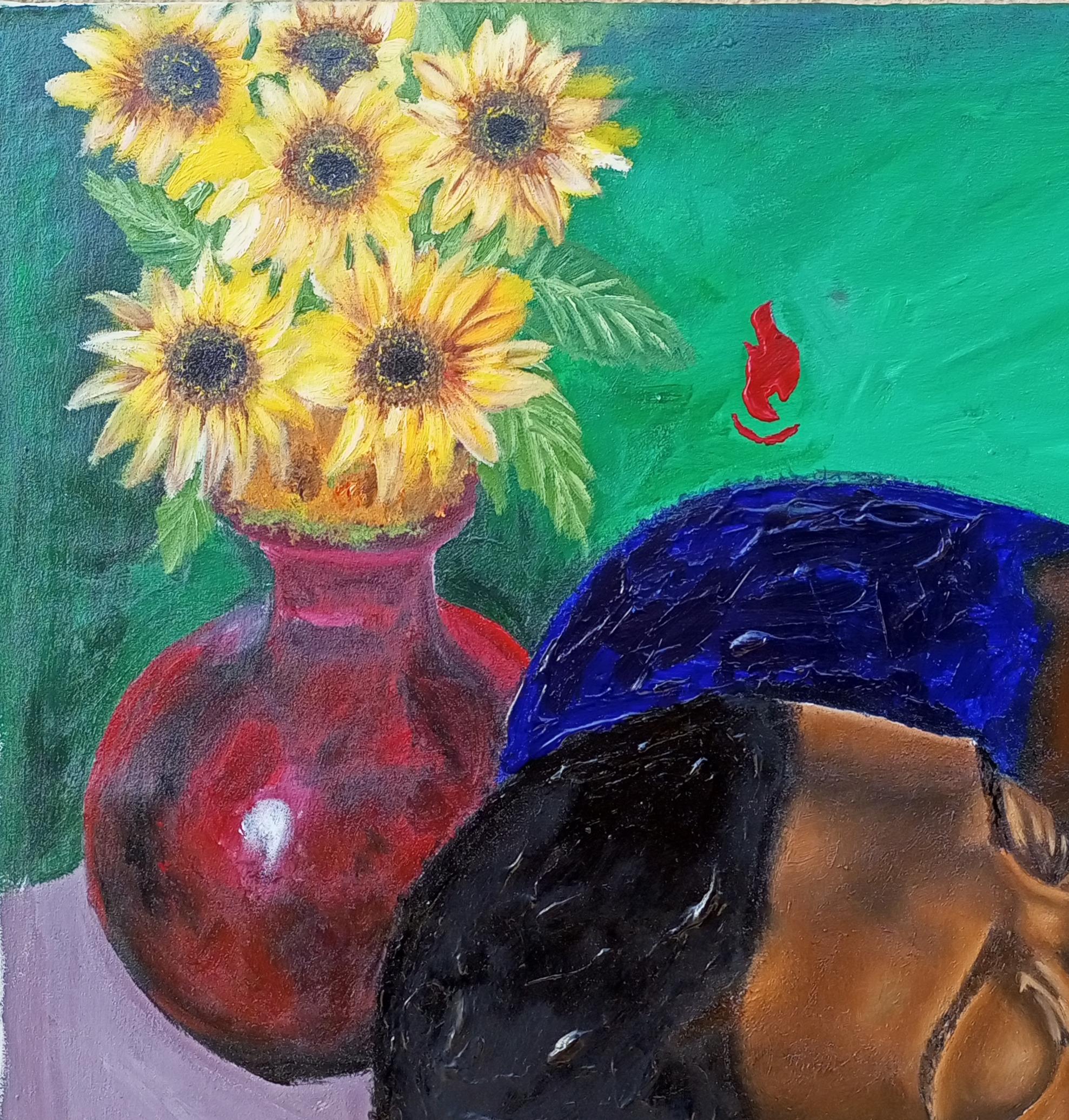 Retrato y Girasol 2 - Siglo XXI, Contemporáneo, Figurativo, Moderno, Óleo - Painting de Olaosun Oluwapelumi