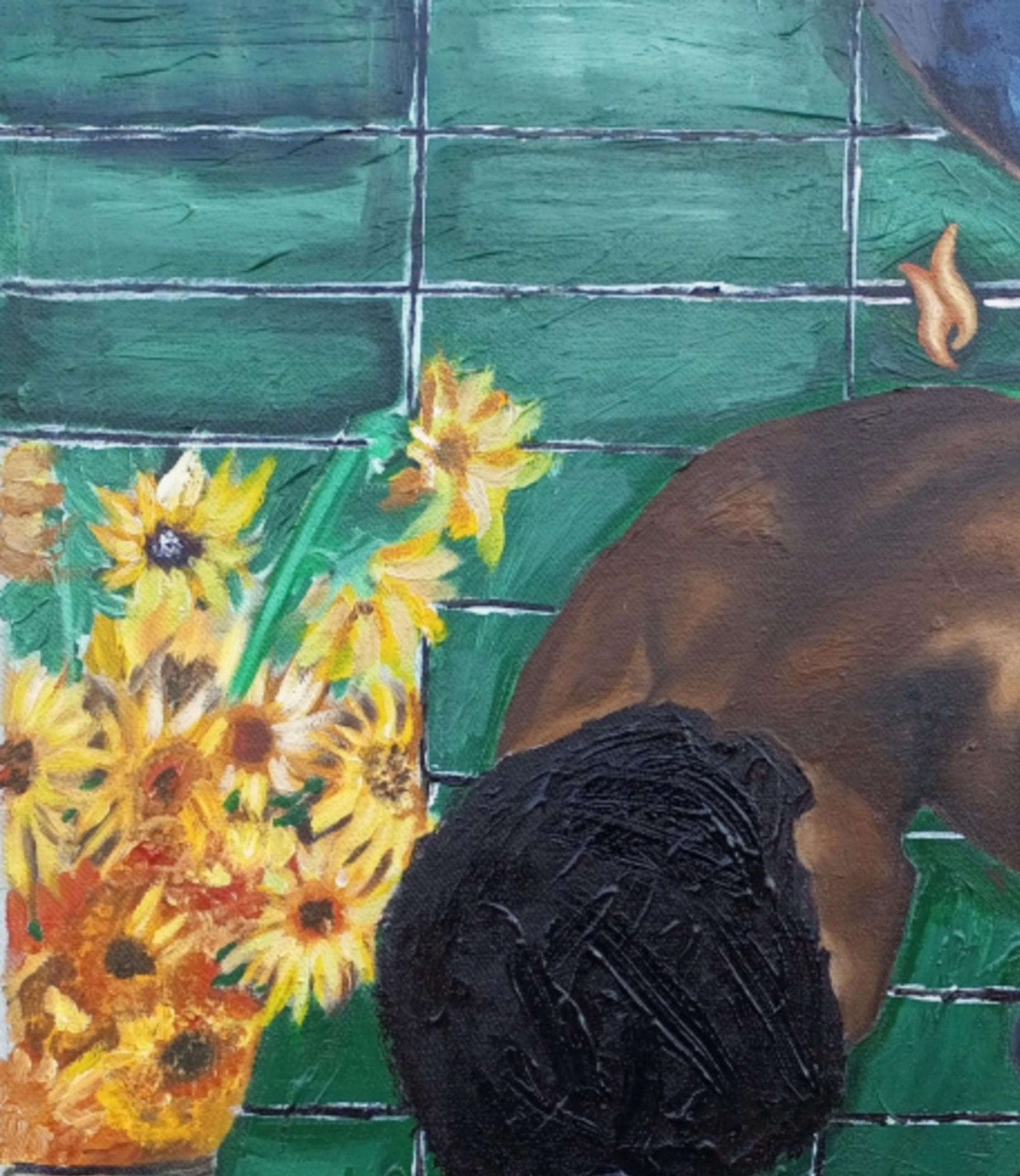 Portrait and Sunflower - Painting by Olaosun Oluwapelumi