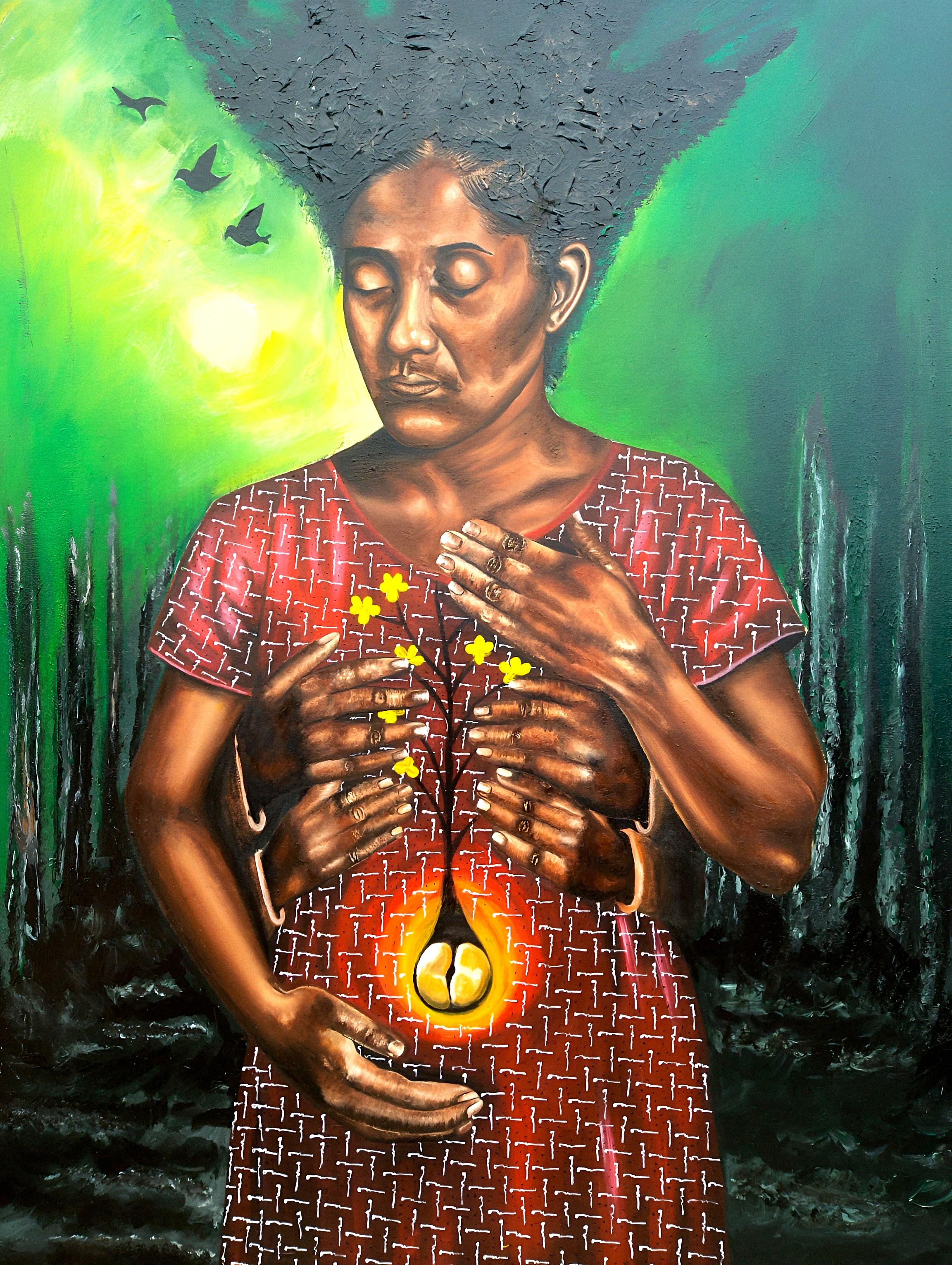 This piece speaks to the journey through pain and back into the light. The seed represents the fragile parts of us, once hidden and lost, but now nurtured back to life by unseen hands of love, family, and memory. We have walked through the weight of