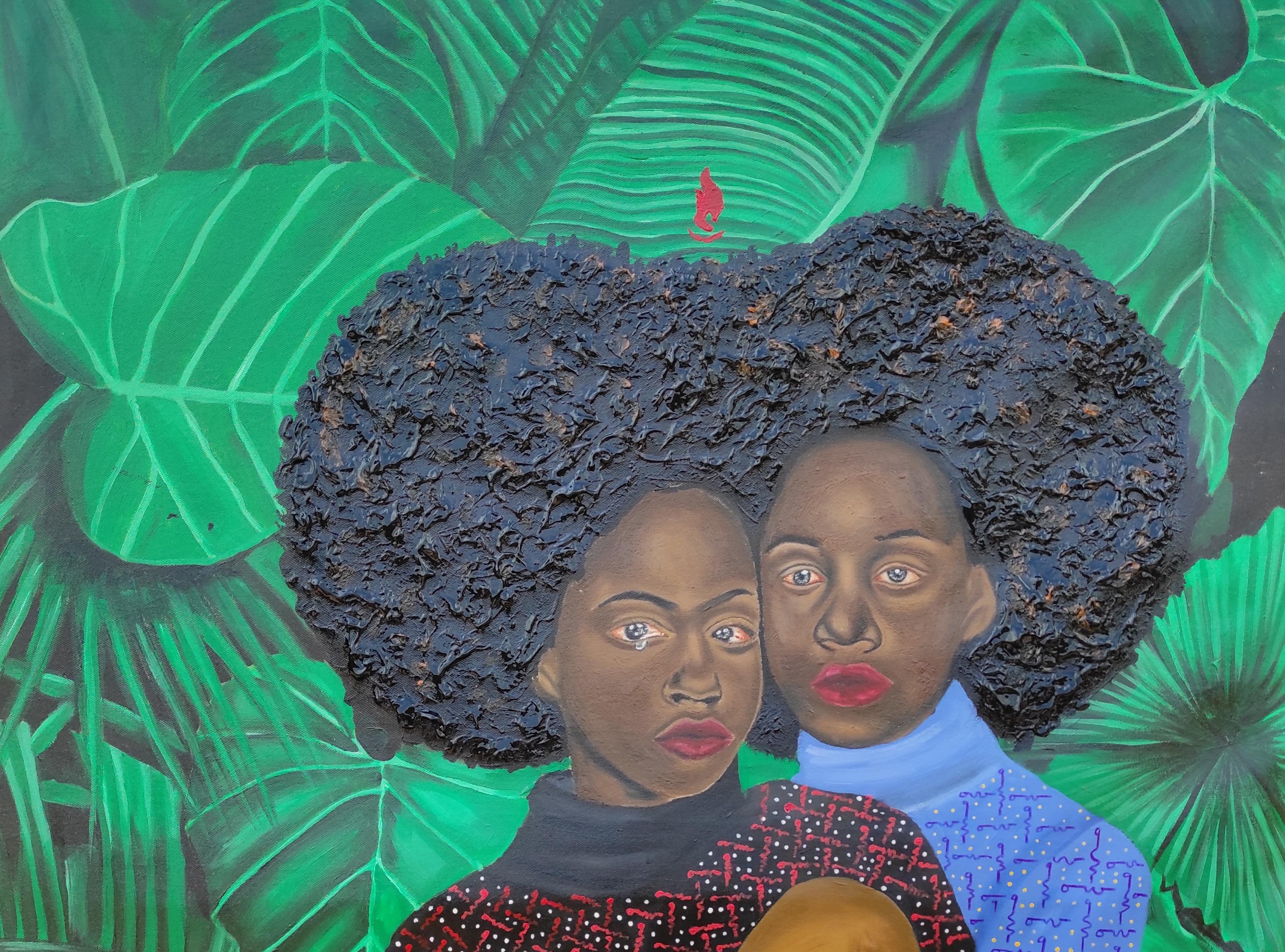 The Hands That Holds Me  -21st Century, Contemporary, Figurative Portrait, Green - Painting by Olaosun Oluwapelumi