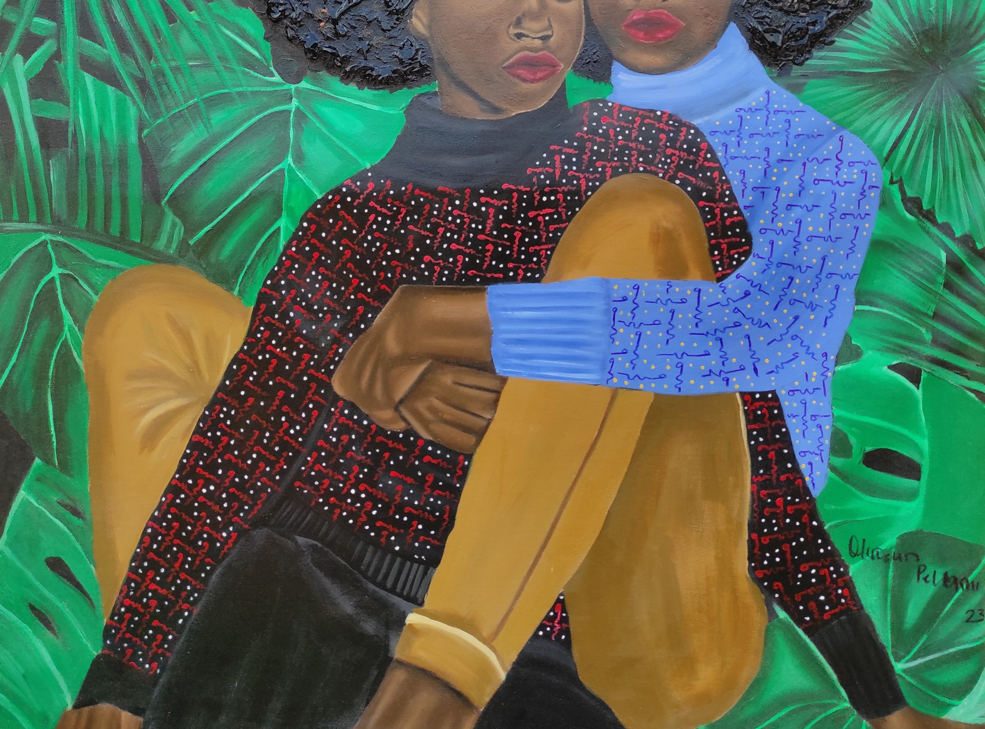 The Hands That Holds Me  -21st Century, Contemporary, Figurative Portrait, Green - Gray Portrait Painting by Olaosun Oluwapelumi