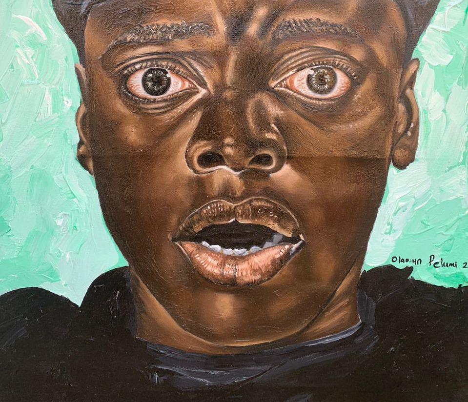 This Shall Pass 1  - 21st Century, Contemporary, Figurative Portrait, Men, Green - Brown Portrait Painting by Olaosun Oluwapelumi