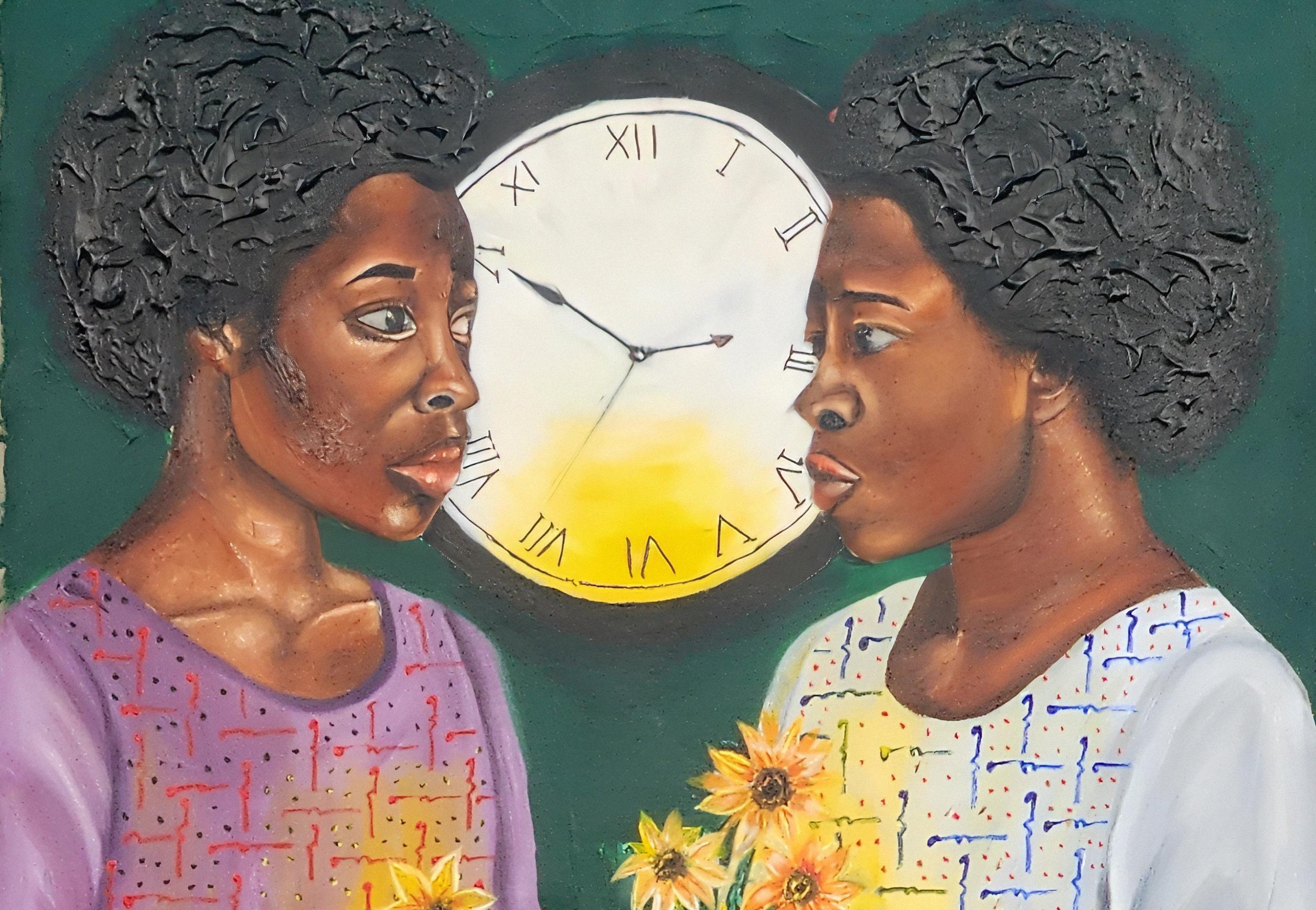 Timezone in Destiny - 21st Century, Contemporary, Figurative, Women, Flowers - Brown Figurative Painting by Olaosun Oluwapelumi