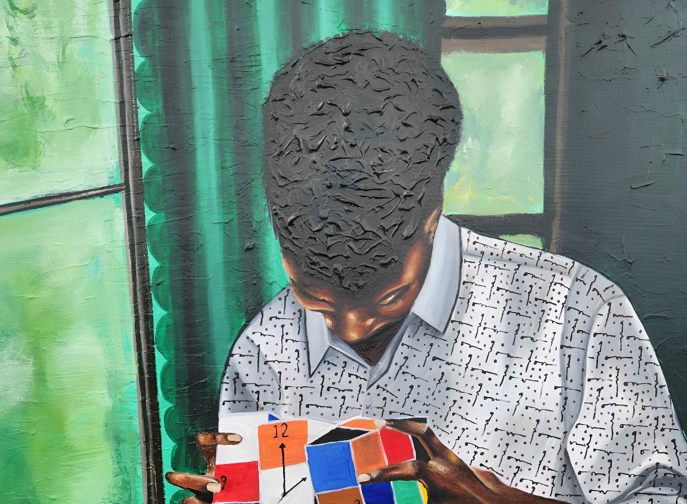 When Time Becomes The Idol - 21st Century, Contemporary, Figurative, Rubik Game - Painting by Olaosun Oluwapelumi