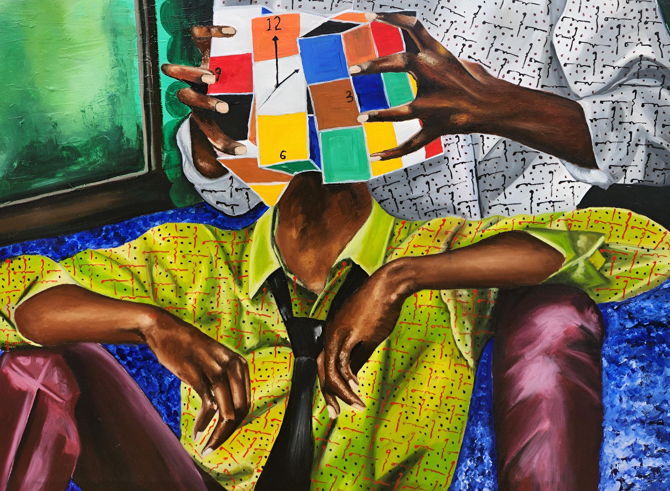 When Time Becomes The Idol - 21st Century, Contemporary, Figurative, Rubik Game - Black Figurative Painting by Olaosun Oluwapelumi