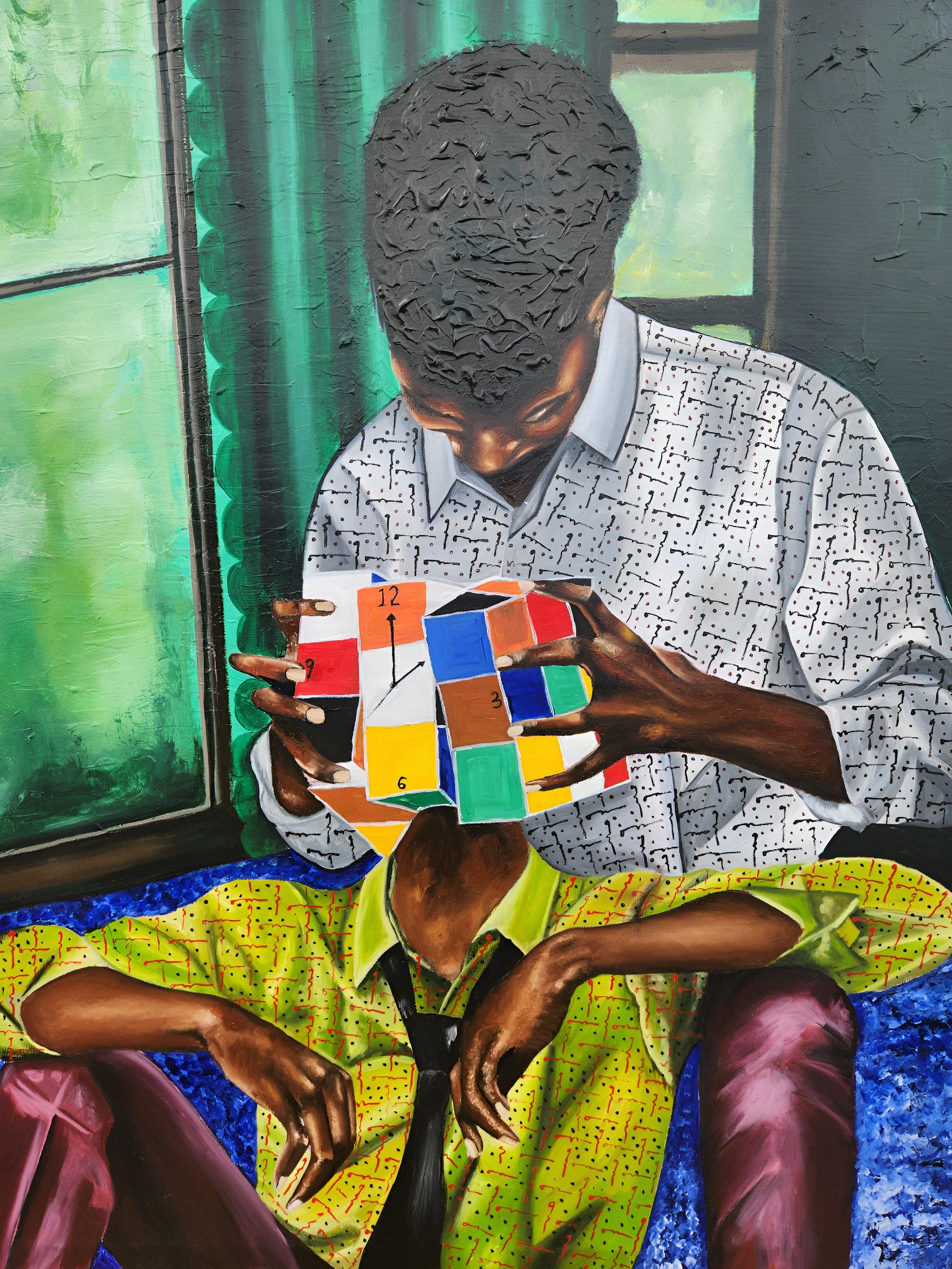 Olaosun Oluwapelumi Figurative Painting - When Time Becomes The Idol - 21st Century, Contemporary, Figurative, Rubik Game