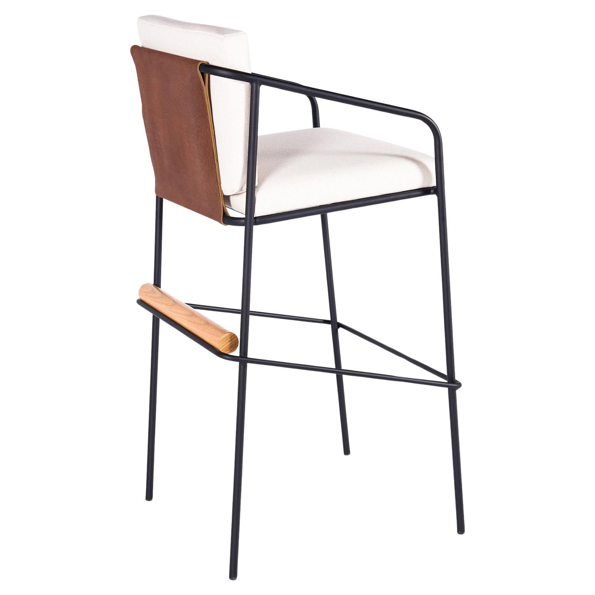 "Olav" Stool in Black Carbon Steel, Upholstered and Wood Detail