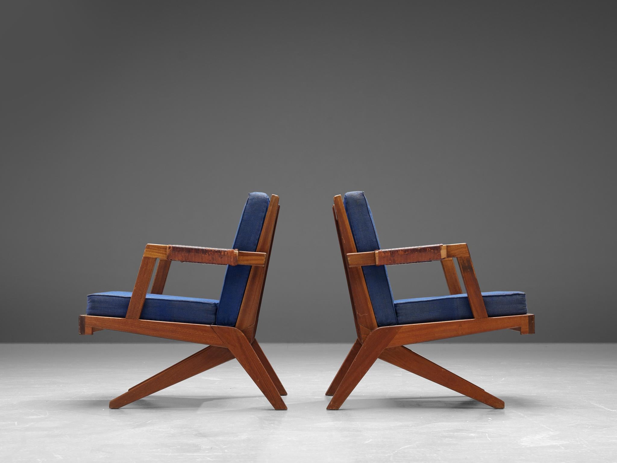 Mahogany Olavi Hanninen 'Boomerang' Chairs with Blue Upholstery