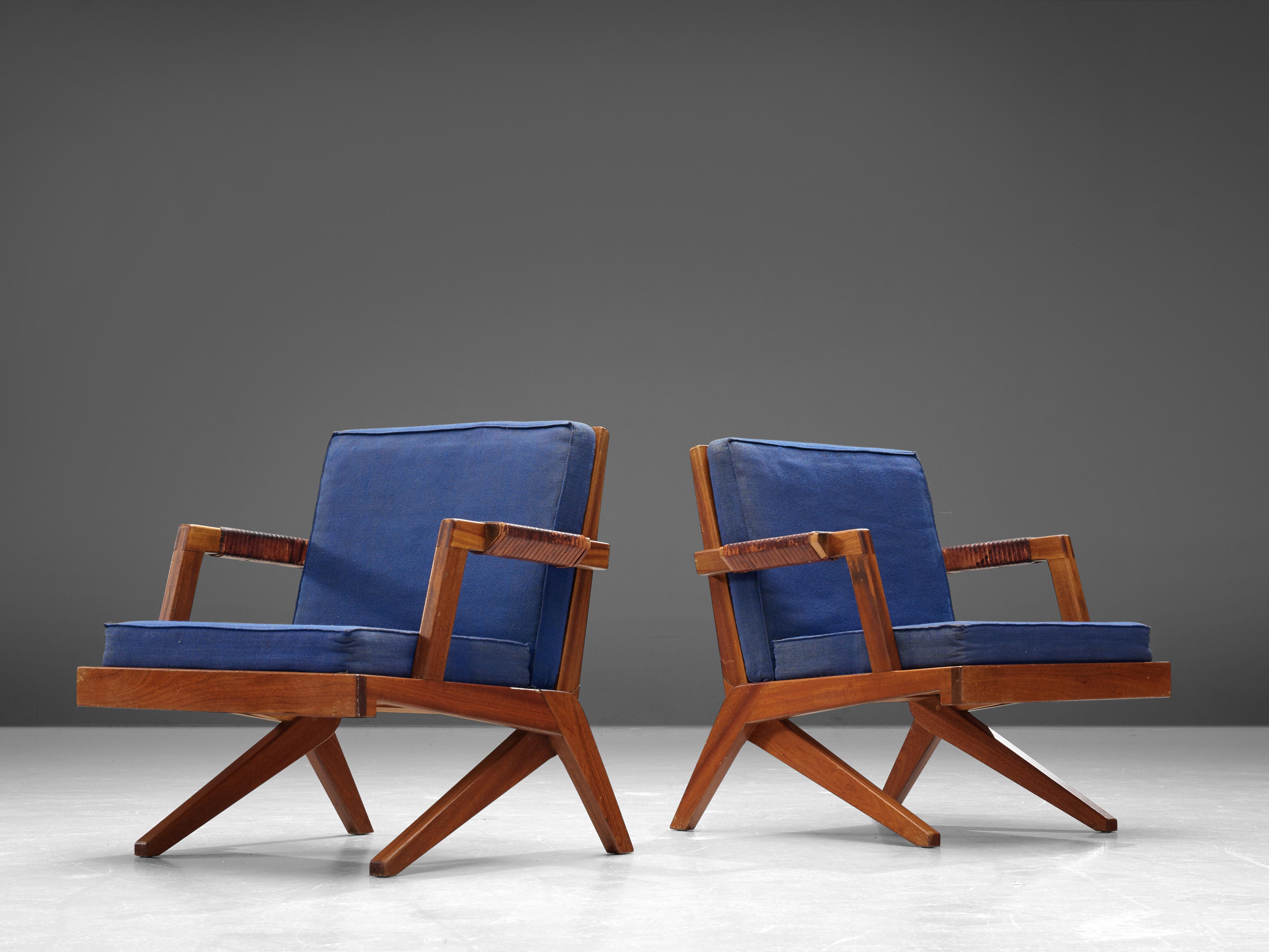 Finnish Olavi Hanninen 'Boomerang' Lounge Chairs with Blue Upholstery