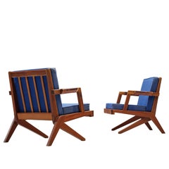 Olavi Hanninen 'Boomerang' Lounge Chairs with Blue Upholstery
