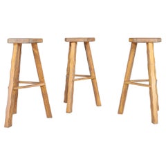 Olavi Hänninen Brutalist Blond Elm Wood Bar Stools, Finland, 1960s