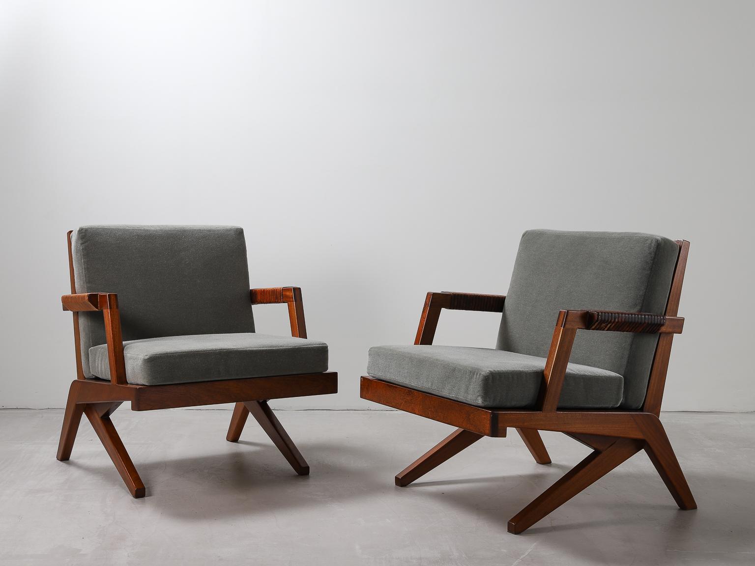 Olavi Hänninen 3 piece sofa suit 1960s. Mahogany frames and armrests with leather windings with original cushions and newly upholstered in Bespoke Mohair Velvet. Designed for HMN Huonekalu Mikko Nupponen.

Armchairs can be sold separately to the