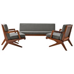 Olavi Hänninen Sofa Suit 1960s with Mahongany and Leather with Mohair Velvet