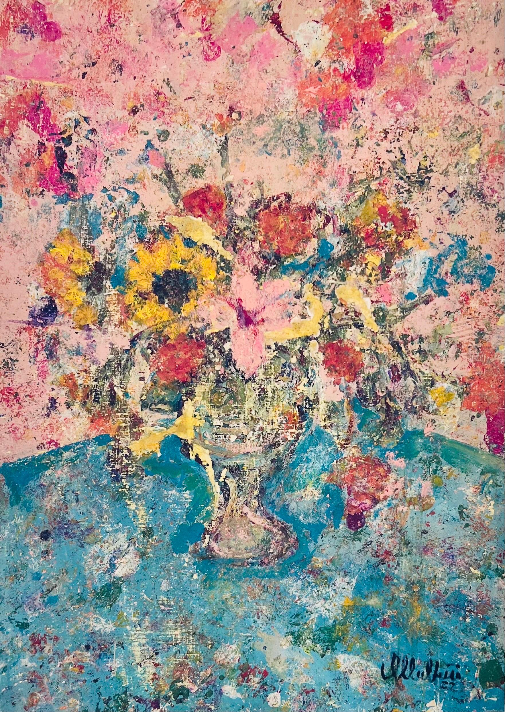 Olavo Multini Still-Life Painting – Happy Day, Vase mit farbigen Faltungen. 