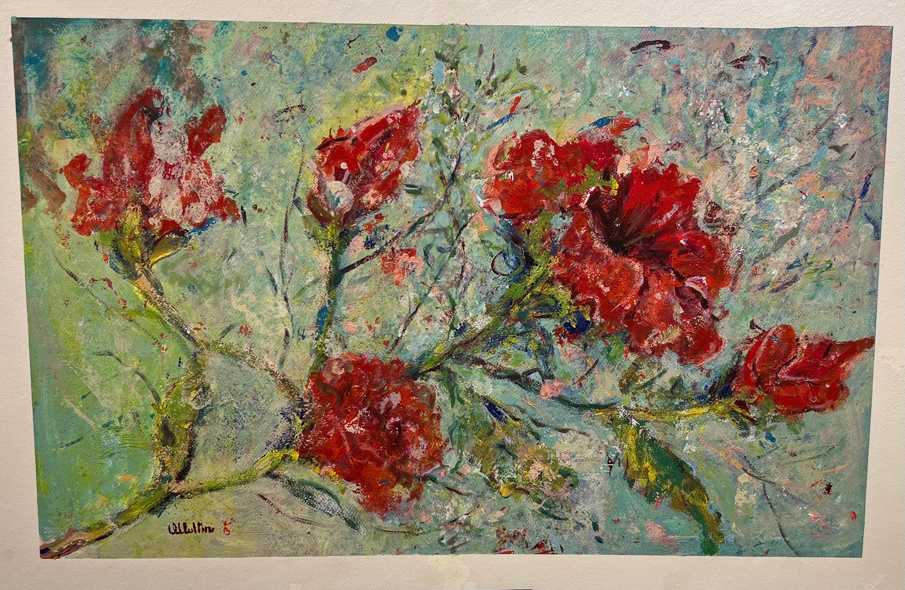 Blumenmuster in Rot  – Painting von Olavo Multini