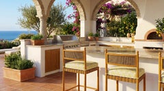 Silla de Bar de Exterior Olbia de Madera de Iroko con Respaldo de Yute y Asiento Acolchado