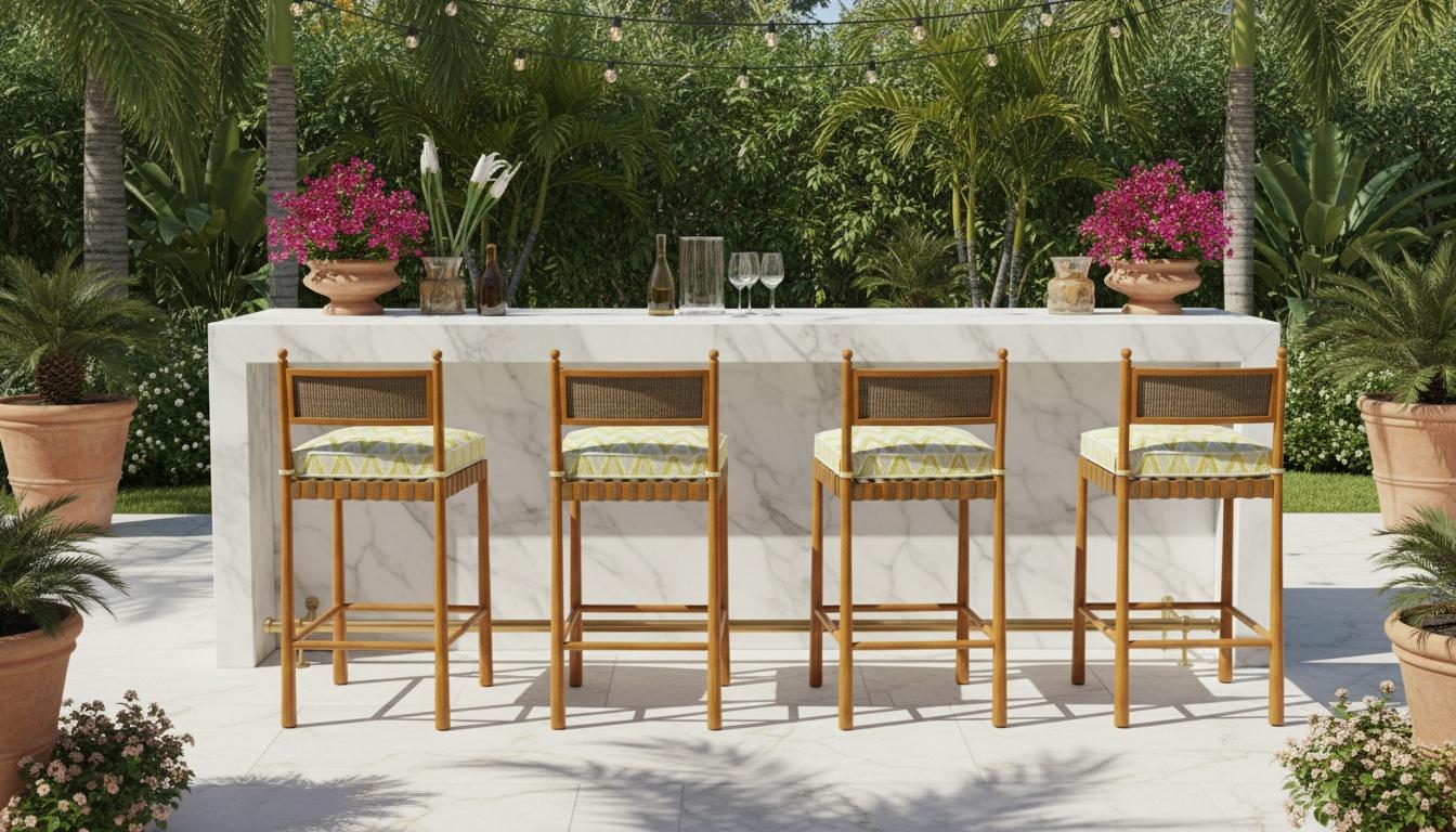 Olbia Outdoor-Barstuhl aus Iroko-Holz mit Jute-Rückenlehne und gepolstertem Sitz (Moderne) im Angebot