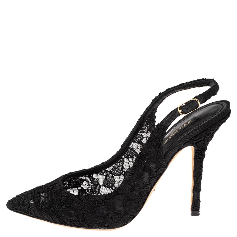 Dolce & Gabbana makes yet again a pair that is unmatched with its bold aura. Made from black lace, this pair features pointed toes with adjustable slingbacks. They come with 11cm heels and comfortable insoles.