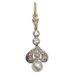 Old 14K Gold pendant with diamonds and pearl, Europe, early 20th century.