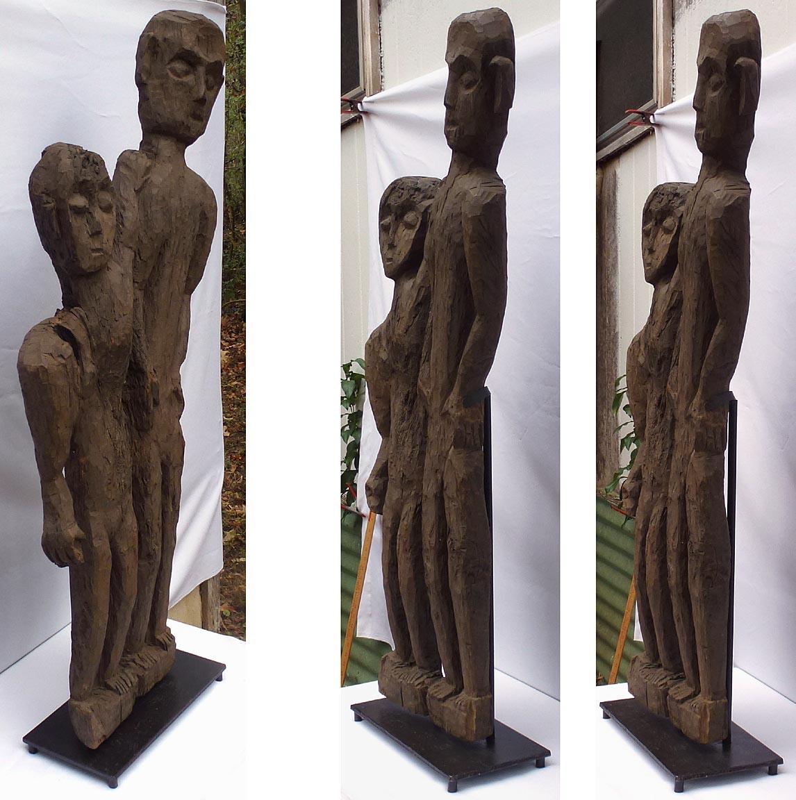 Old 4 foot high naive and stylized carving of two people from 1 slab of wood For Sale 5