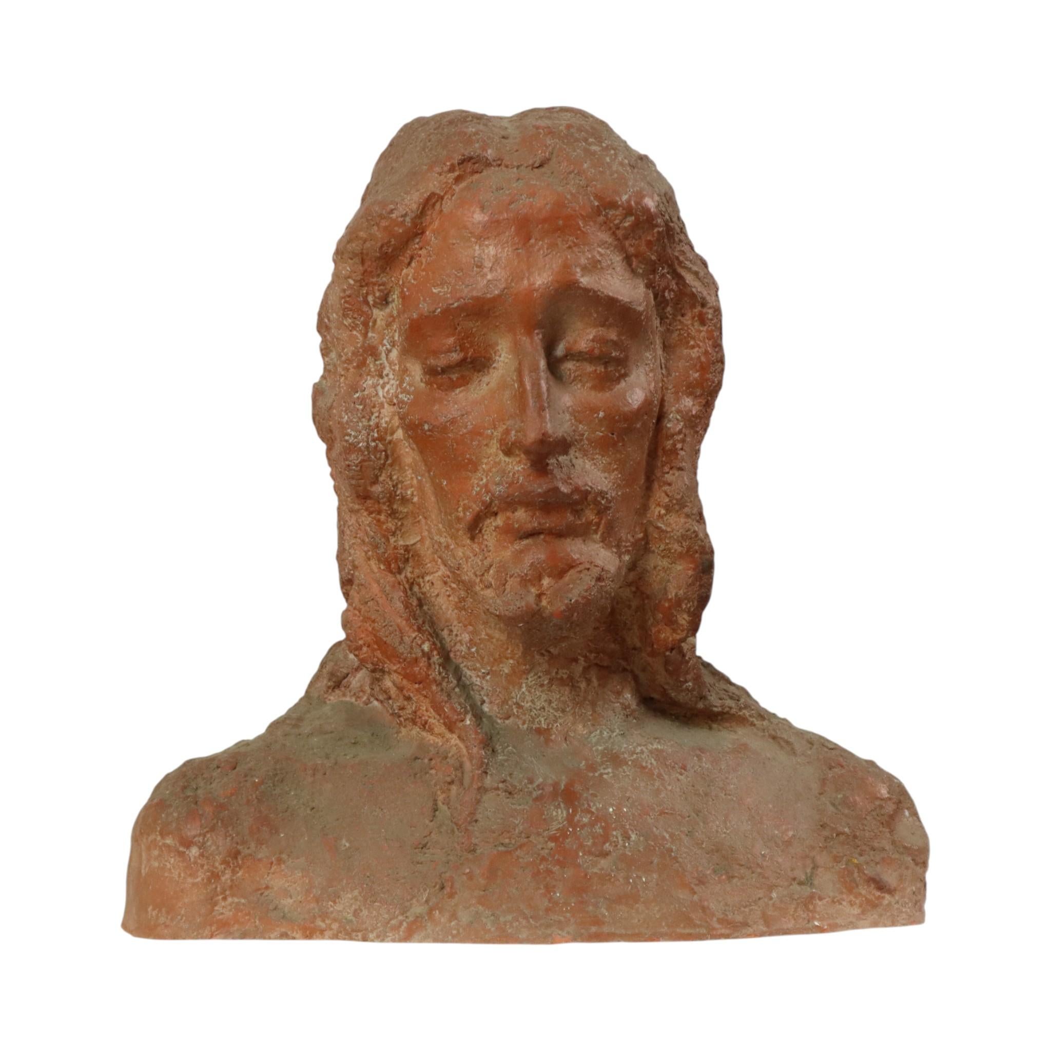 Antico busto astratto di Cristo in terracotta a grandezza naturale