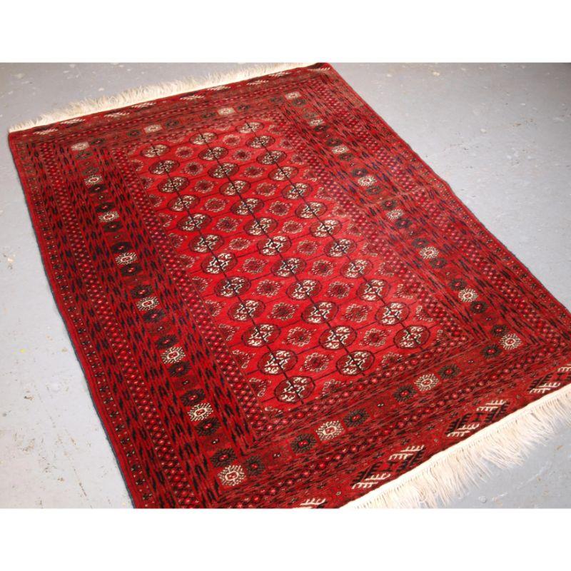 Old Afghan village rug of traditional Turkmen design, the rug is a rich red colour.

The rug is in good condition with very slight wear and good pile. Very fine weave with soft wool, hand spun ivory wool warps.

The rug is suitable for normal