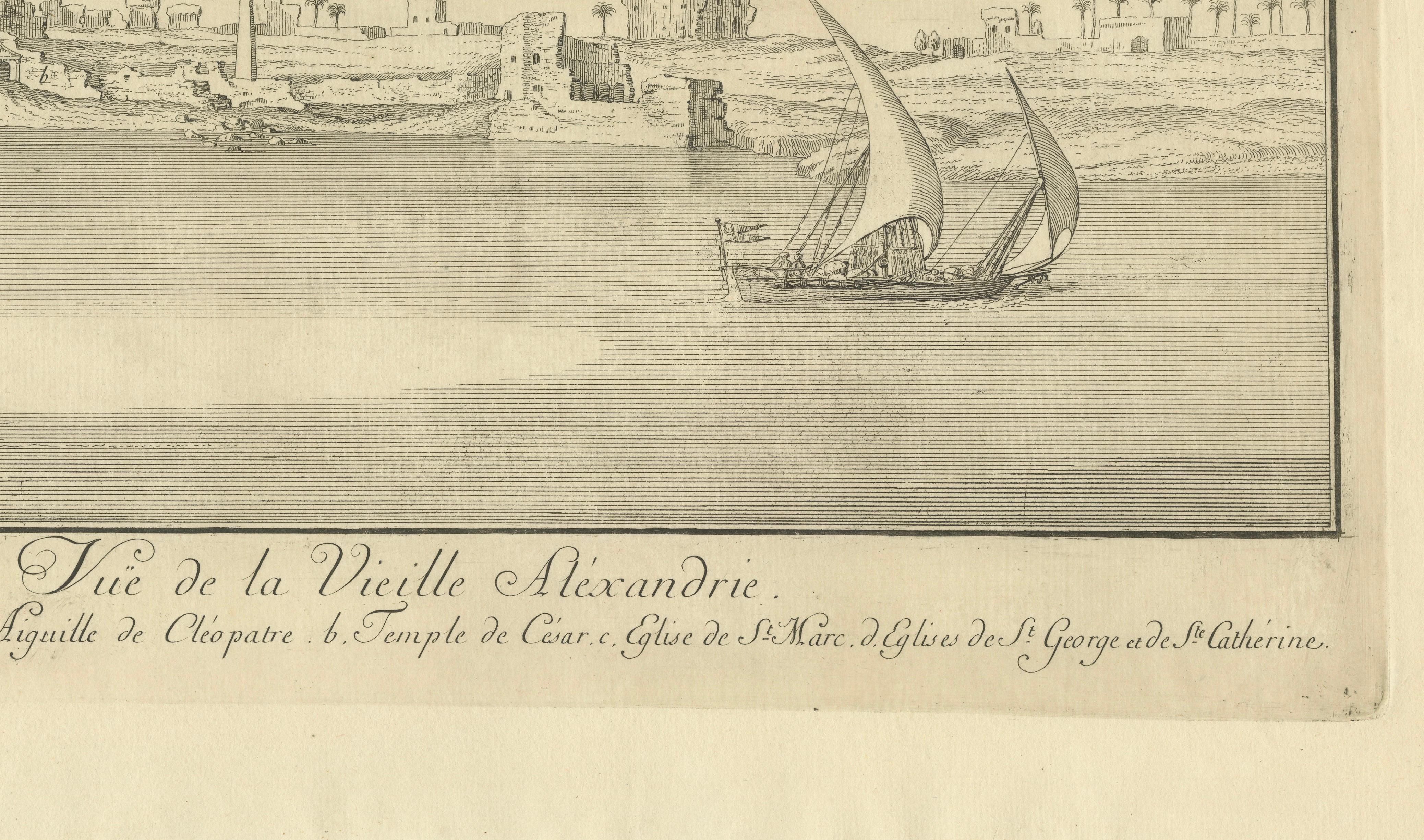 Old Alexandria Harbor, Antique Egypt Engraving by Norden & Tuscher, 1755