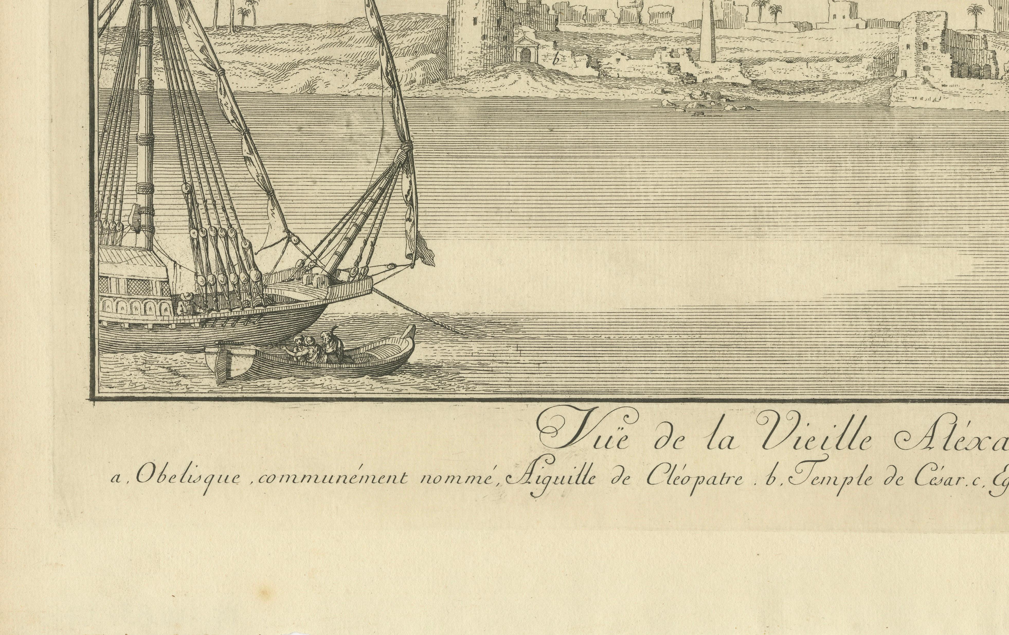 Old Alexandria Harbor, Antique Egypt Engraving by Norden & Tuscher, 1755