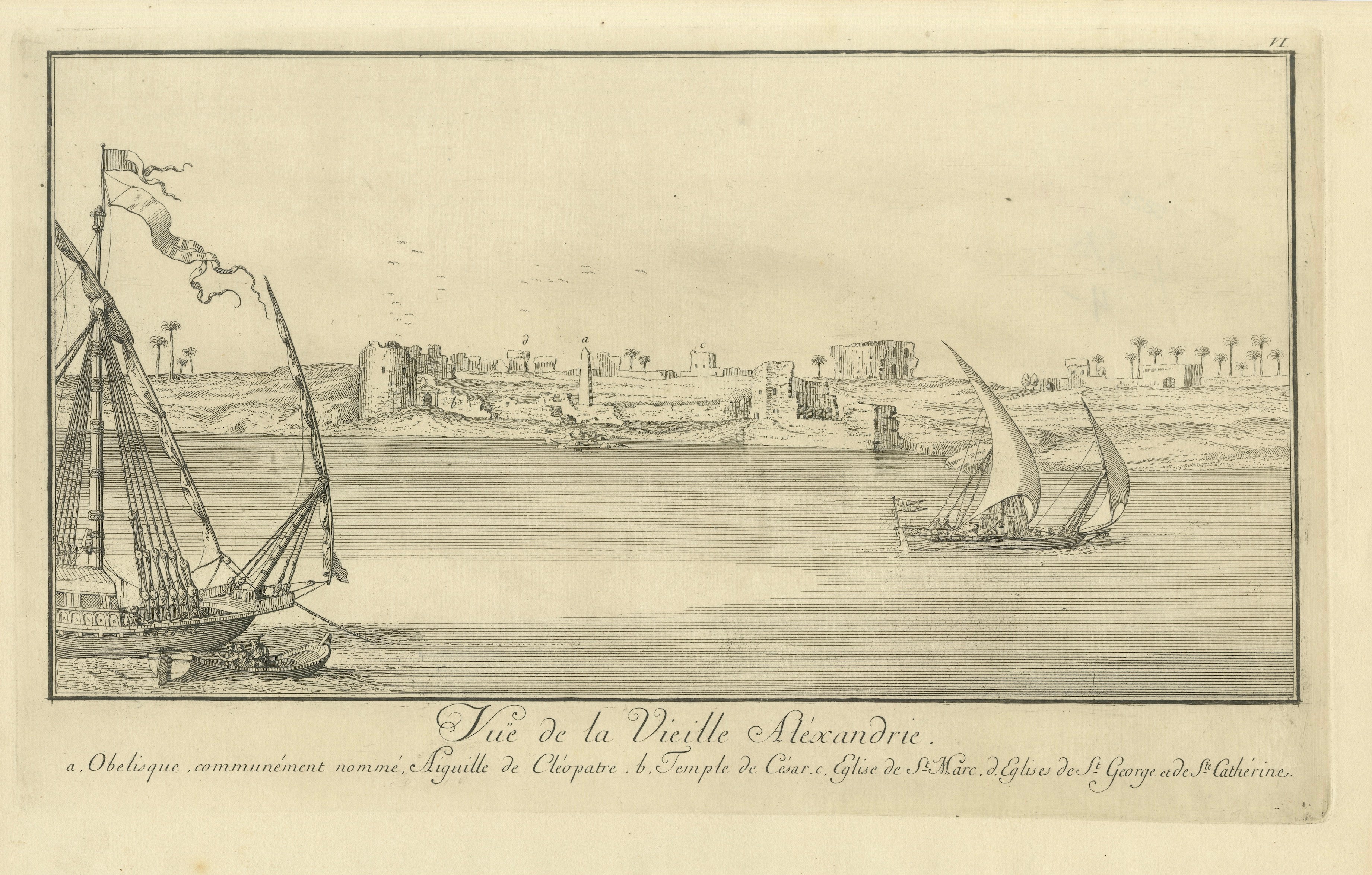 Old Alexandria Harbor, Antique Egypt Engraving by Norden 
Tuscher, 1755 For Sale
