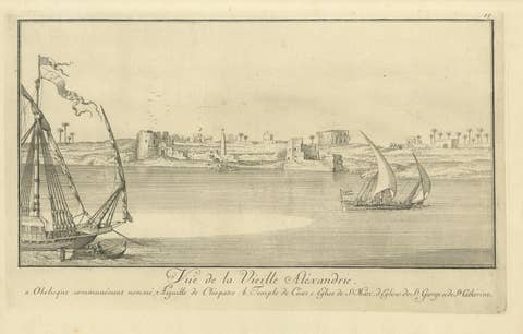 Old Alexandria Harbor, Antique Egypt Engraving by Norden & Tuscher, 1755